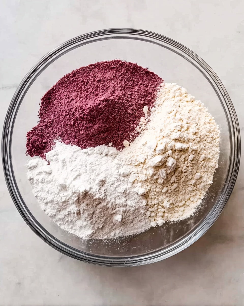 A clear glass bowl sits on a white marbled surface, containing four separate piles of dry ingredients arranged side by side without mixing. The first pile on the left is a deep reddish-purple powder, smooth and fine in texture. To its right, there is a heap of white flour with a soft and powdery texture. Next to that is an off-white or light beige powder with a slightly grainy look. The last pile is a finer, slightly shiny white powder that contrasts with the other textures. The colors create a clear visual separation inside the bowl, showing distinct layers of different dry ingredients. Photo taken with an iphone --ar 4:5 --v 7