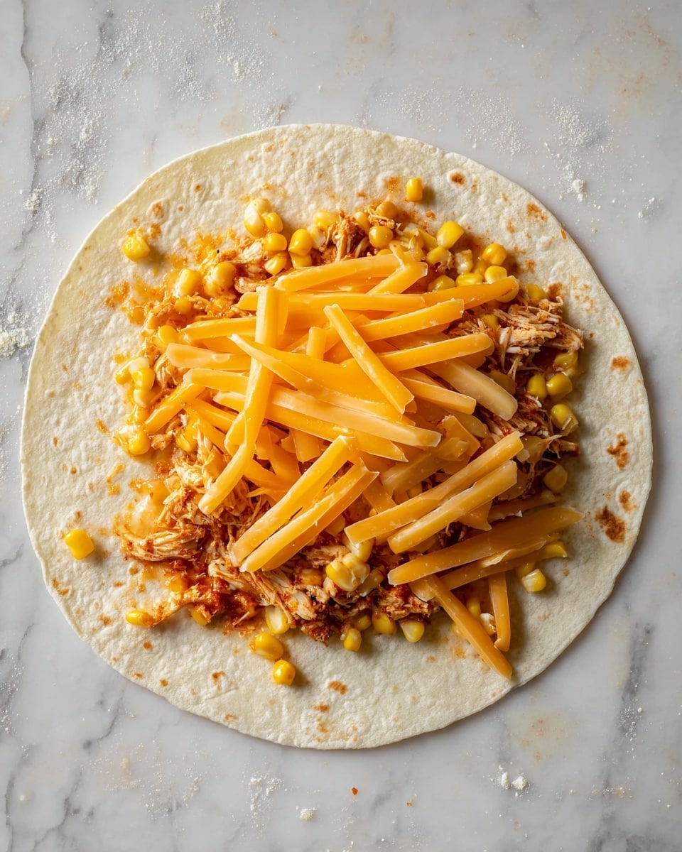A soft, round tortilla is placed flat on a white marbled surface. On top of the tortilla, there is a layer of cooked shredded chicken with a reddish seasoning, spread mainly in the center. Mixed with the chicken are small yellow corn kernels and thin slices of orange pepper, evenly scattered around. The top layer is covered with thick, two-inch long, orange-yellow cheese sticks spread across the entire filling. Another plain tortilla lies unopened to the side, partially visible. The scene is bright and clear. photo taken with an iphone --ar 4:5 --v 7