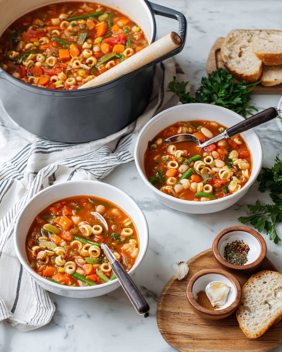 The image shows two white bowls filled with vegetable soup, placed on a white marbled surface. Each bowl contains a layer of clear orange broth with visible small pasta rings, orange carrot slices, green beans, white beans, and pieces of tomato, creating a colorful and textured look. Each bowl has a spoon inside, one spoon has a shiny metal handle while the other has a dark brown handle. Behind the bowls, there is a large gray pot full of the same soup with a wooden spoon resting inside, showing the stew’s chunky mix of vegetables. To the right on a wooden board, there are cloves of garlic, small wooden dishes with spices, green parsley, and slices of bread stacked neatly. A striped light cloth is casually placed near the bowls. The setting is bright with soft natural light, and the surface is a white marbled texture. Photo taken with an iphone --ar 4:5 --v 7
