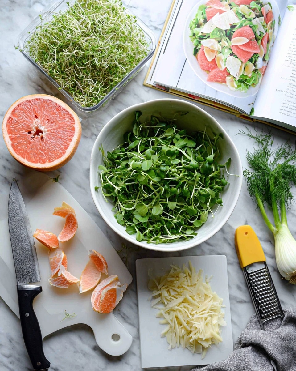 The image shows fresh ingredients for a salad arranged on a white marbled surface. In the middle is a large white bowl filled with bright green leafy sprouts. To the left, there is a container with more green sprouts and below it, a white cutting board with a halved grapefruit in bright pink-orange color, surrounded by peeled skin pieces and a black-handled knife. On the right side, another white cutting board holds thin, curly pale yellow shavings of cheese and a chunk of cheese, next to a bulb of fennel with feathery green stalks. A yellow peeler and a folded grey cloth are near the right edge. At the top is an open book showing a colorful salad with layers of green sprouts, pink grapefruit slices, and white cheese shavings on a white plate. photo taken with an iphone --ar 4:5 --v 7