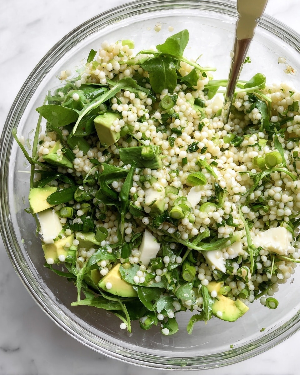 A clear glass bowl sits on a white marbled surface, filled with a fresh green salad. The bottom layer is made of small chopped green herbs and cucumber pieces. Above this is a layer of cubed avocado pieces with light green inside and darker green skin edges. On top of the avocado and herbs are soft chunks of white cheese, scattered unevenly. Surrounding the cheese and avocado is a layer of fresh green leafy sprouts, which add texture and height to the salad. The colors are bright green with contrasting white cheese, all in a round transparent bowl. Photo taken with an iphone --ar 4:5 --v 7