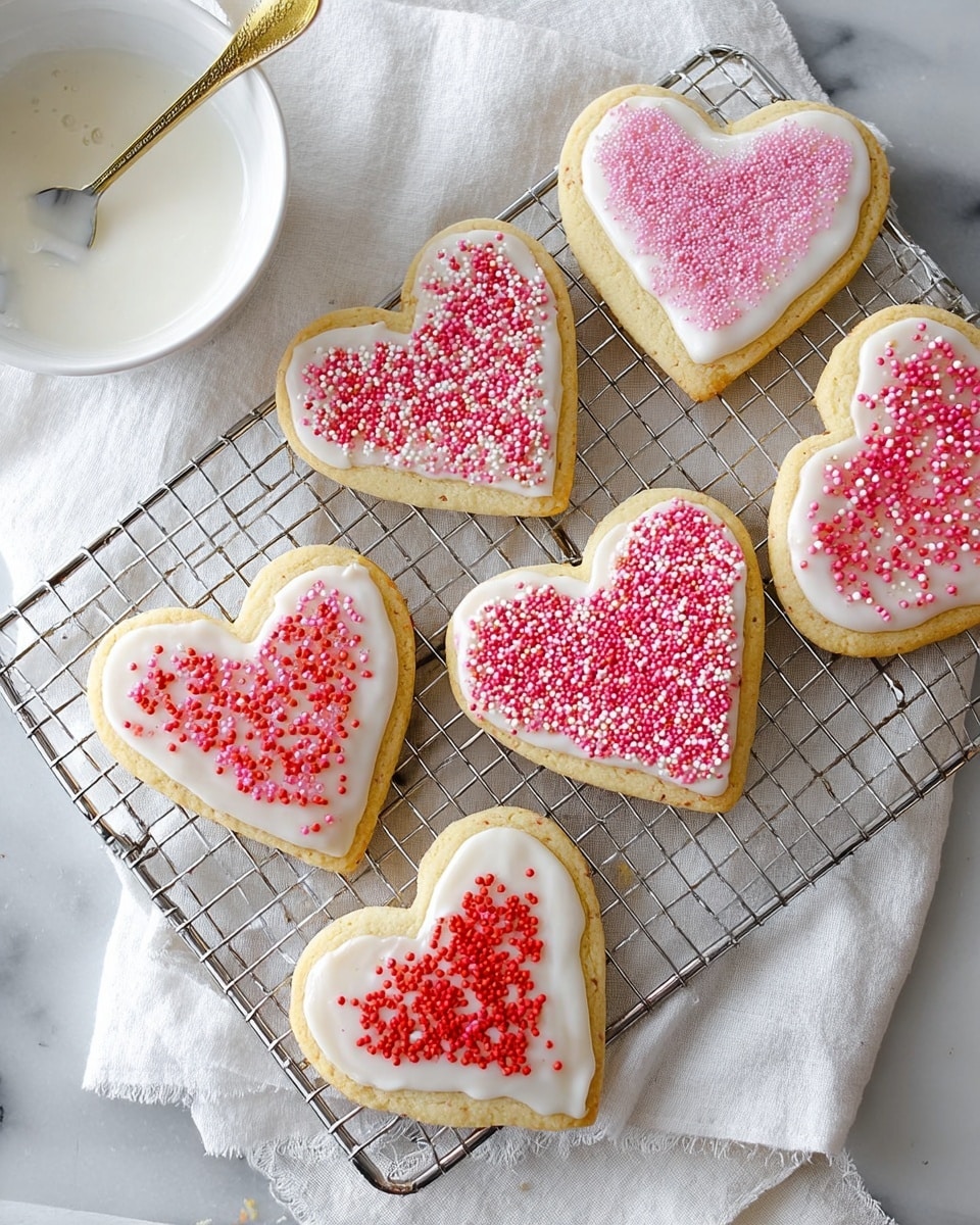 The image shows six heart-shaped cookies on a silver cooling rack placed over a white marbled surface with a white cloth underneath. Each cookie has a golden-brown crust with a slightly raised edge and is topped with a smooth white icing layer. Over the white icing, there are sprinkles in two colors: red and pink, unevenly spread, creating a speckled pattern. The cookies are arranged in two rows: three on top, three below. A white bowl with some white icing left inside and a spoon with a golden handle is placed in the top left corner of the image. Photo taken with an iphone --ar 4:5 --v 7