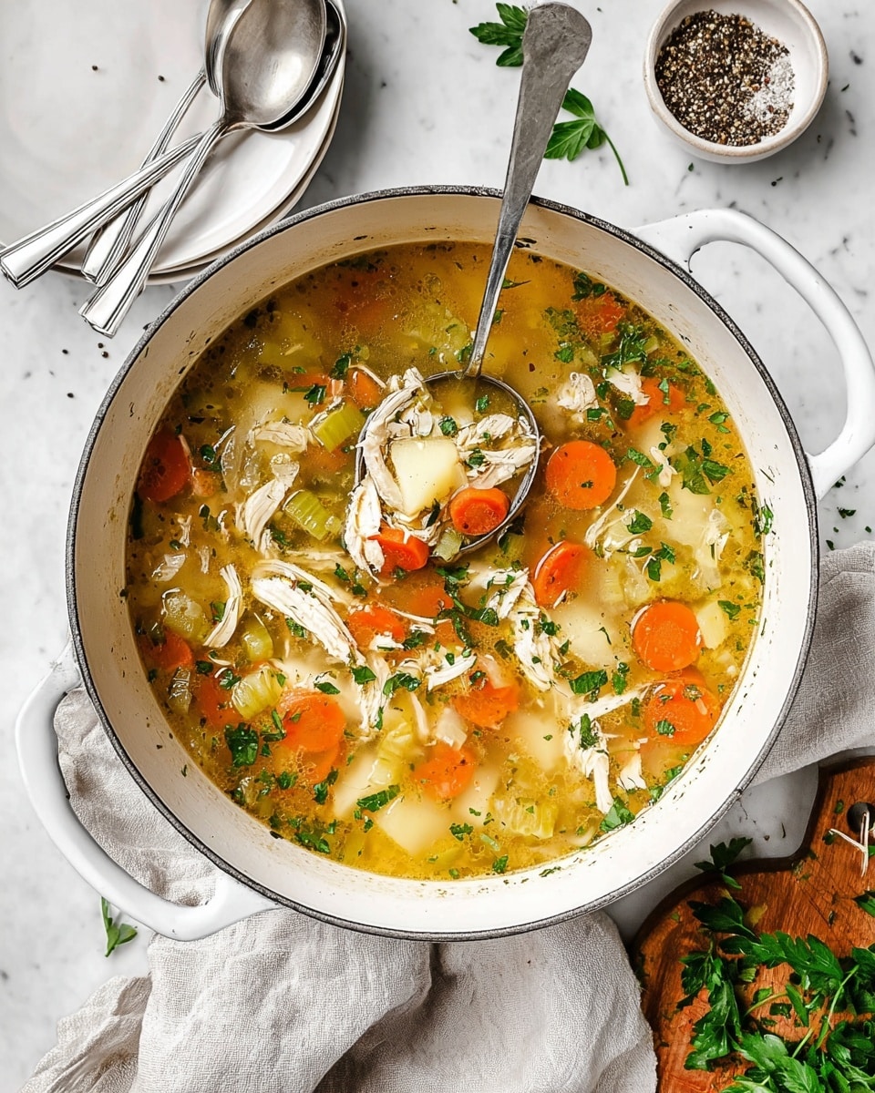 The image shows a large white pot filled with clear chicken soup. The soup has many layers of ingredients: shredded white chicken pieces, bright orange carrot slices, chopped green celery, and light yellow potato chunks, all floating in a golden broth. Small green parsley leaves are sprinkled on top, and black pepper is visible throughout. A silver ladle is immersed in the soup, lifting some broth with vegetables and chicken. The pot is placed on a white marbled surface with a gray cloth nearby and a small white bowl filled with black pepper in the background. Photo taken with an iphone --ar 4:5 --v 7