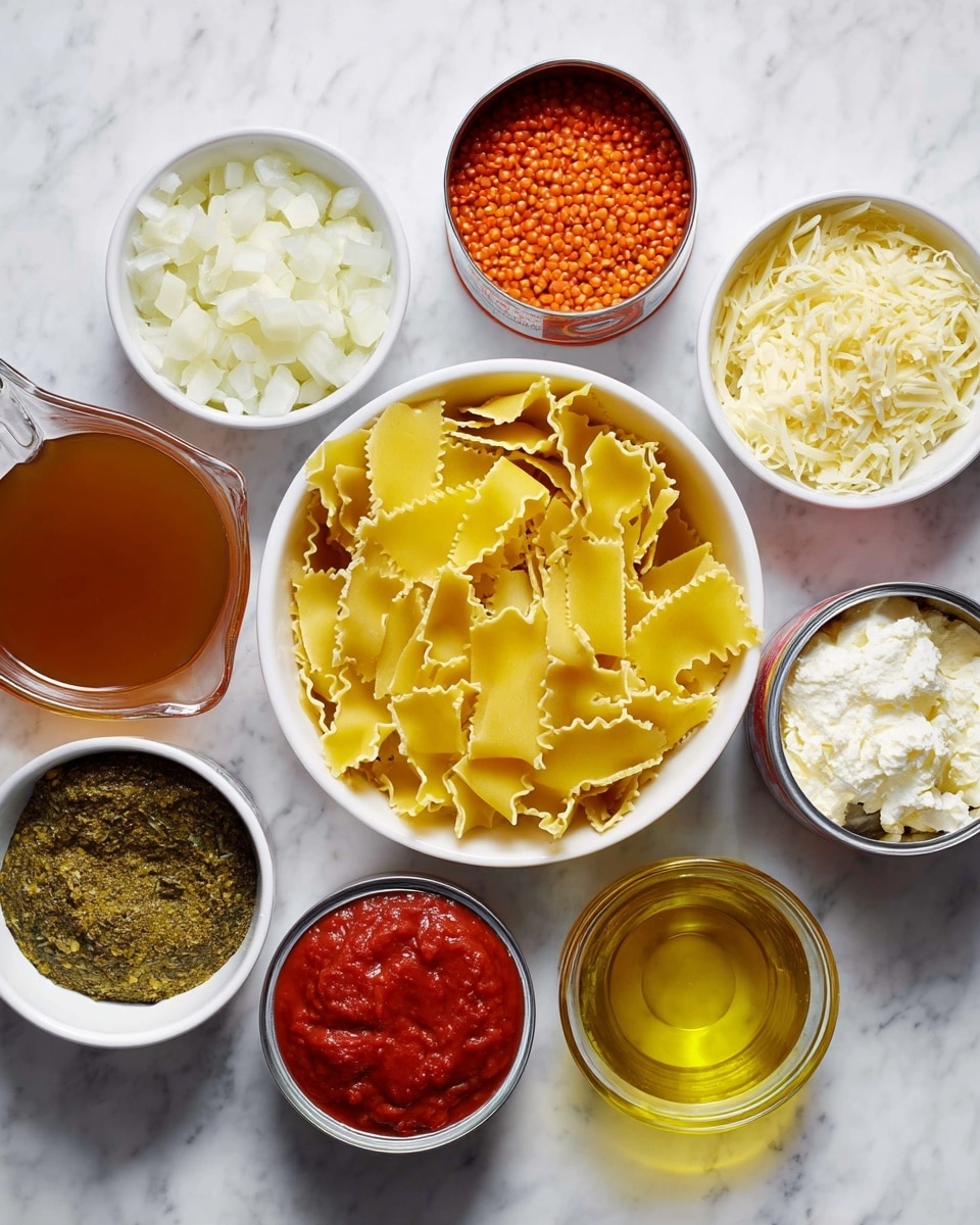 The image shows several small white bowls and containers arranged neatly on a white marbled surface, each filled with different ingredients for cooking. In the center is a bowl with uncooked wide lasagna noodles that have a wavy edge, shining yellow in color. Surrounding it, from left to right, are bowls with chopped white onions, red lentils, a green pesto-like sauce, a mix of chopped garlic and dried herbs, shredded and shaved pale yellow cheese, crumbled white cheese, two open cans filled with chunky red tomato sauce, a small glass bowl with red tomato paste, and a small bowl with golden olive oil. A clear glass measuring cup filled with brown broth or stock is placed on the far left. The photo taken with an iphone --ar 4:5 --v 7