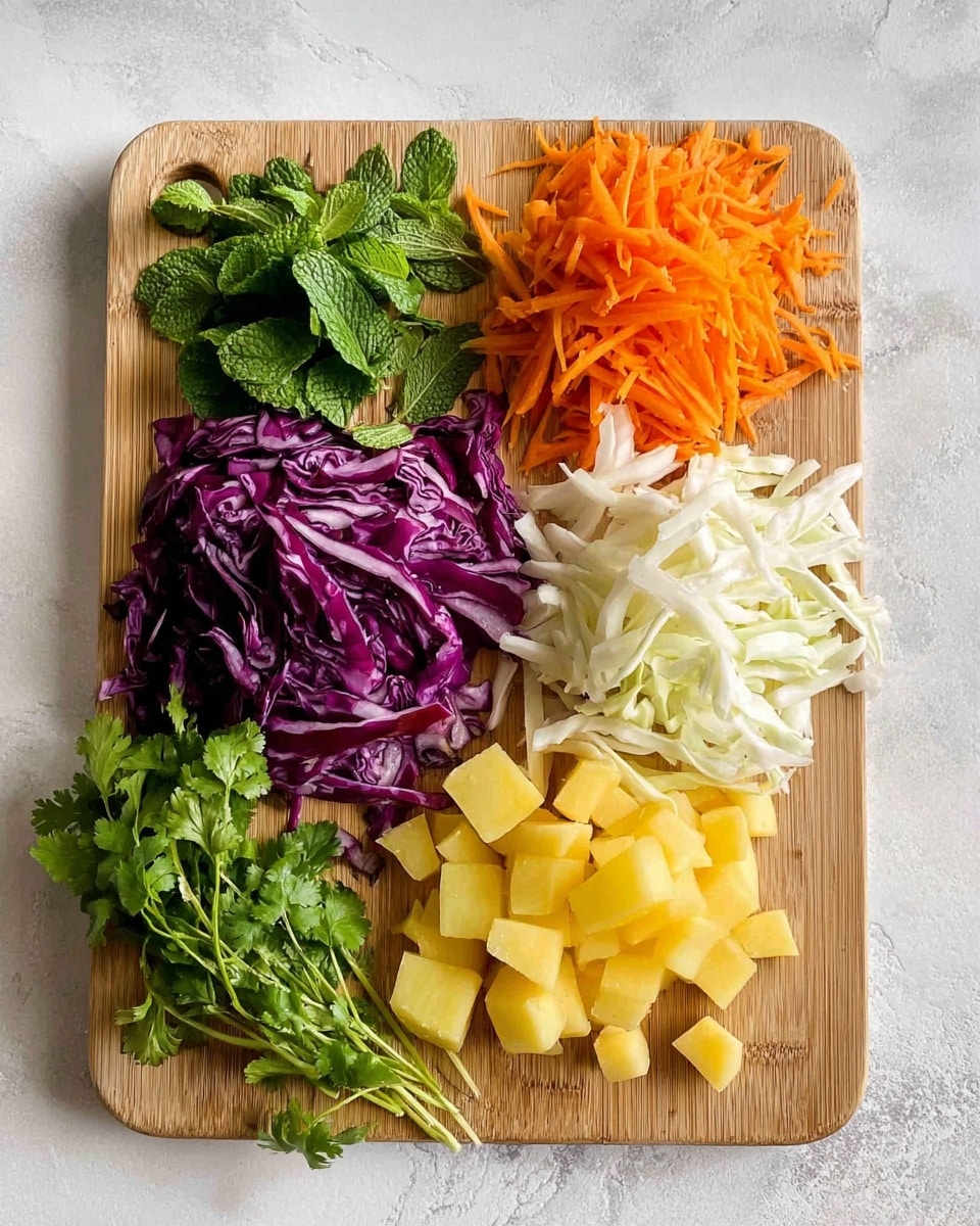 A wooden cutting board lies on a white marbled surface, displaying four piles of chopped vegetables and two small bunches of fresh herbs. On the top left side are fresh green mint and cilantro leaves, full and leafy. Beside the herbs, at the top right, is a pile of shredded orange carrots with a soft, thin texture. Below it, to the right, is a heap of thinly sliced white cabbage strips, looking crisp. On the bottom left of the board, there are deep purple, thin strips of red cabbage, shiny and slightly curled. At the bottom center, there are medium-sized cubes of yellow potatoes with smooth edges. The overall setting is bright and fresh, with natural light highlighting the textures and colors of the vegetables. photo taken with an iphone --ar 4:5 --v 7
