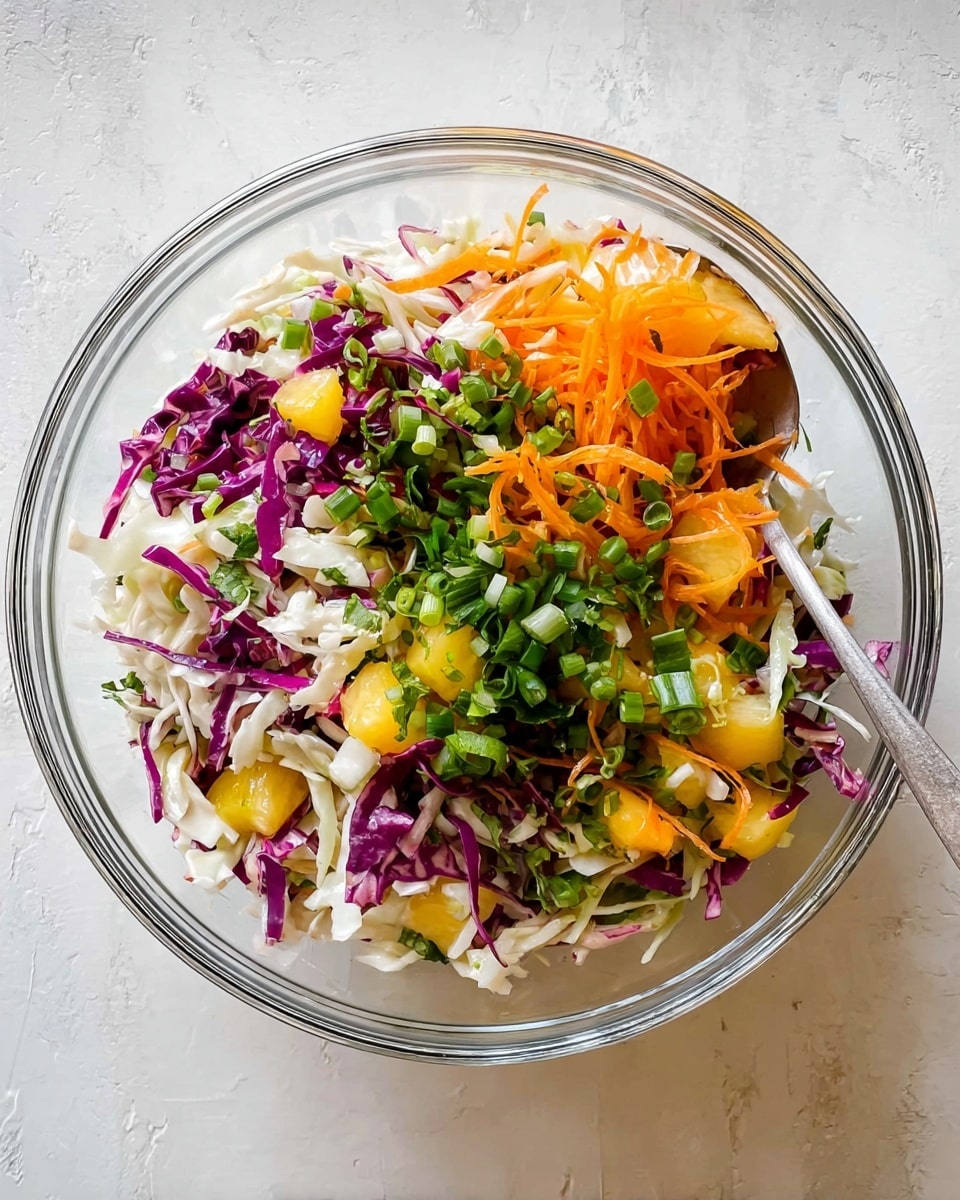 A clear glass bowl filled with a colorful salad that has three layers visible: the bottom layer is white and purple cabbage strips, mixed evenly with small yellow fruit pieces. The middle layer has bright orange shredded carrots scattered throughout. The top layer includes fresh green herbs and sliced green onions spread on top, with a silver spoon resting on the right side inside the bowl. The bowl is placed on a white marbled surface. photo taken with an iphone --ar 4:5 --v 7
