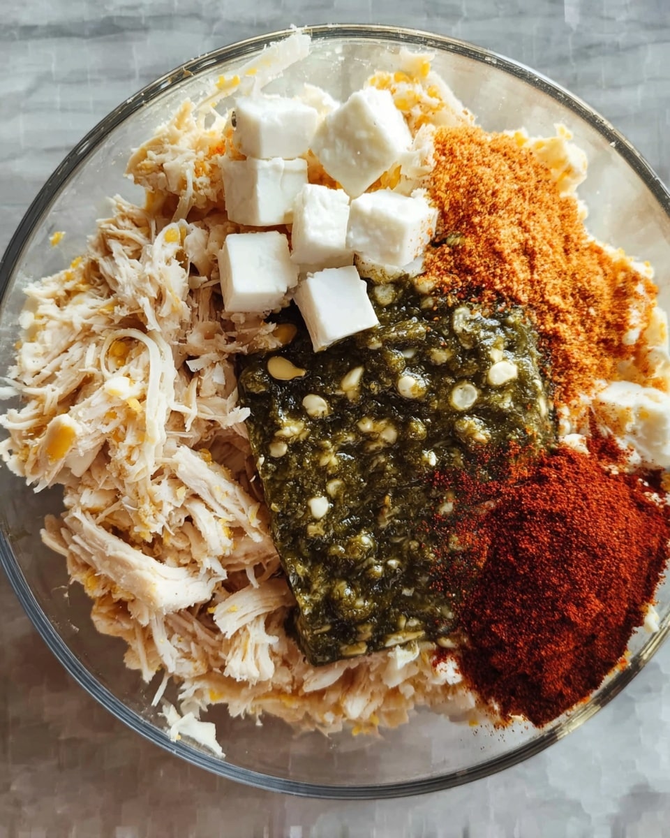 The image shows a clear bowl filled with several colorful layers of ingredients. On the left side, there is a light beige shredded layer that looks like cooked chicken. To the right of the chicken, there are small white cubes of cheese topped with red powder. Next to the cheese, a thick, dark green sauce with visible seeds is spread in a central layer. To the right of the green sauce, there are two different piles of fine powders, one dark red and one bright orange. The bowl sits on a white marbled surface. Photo taken with an iphone --ar 4:5 --v 7