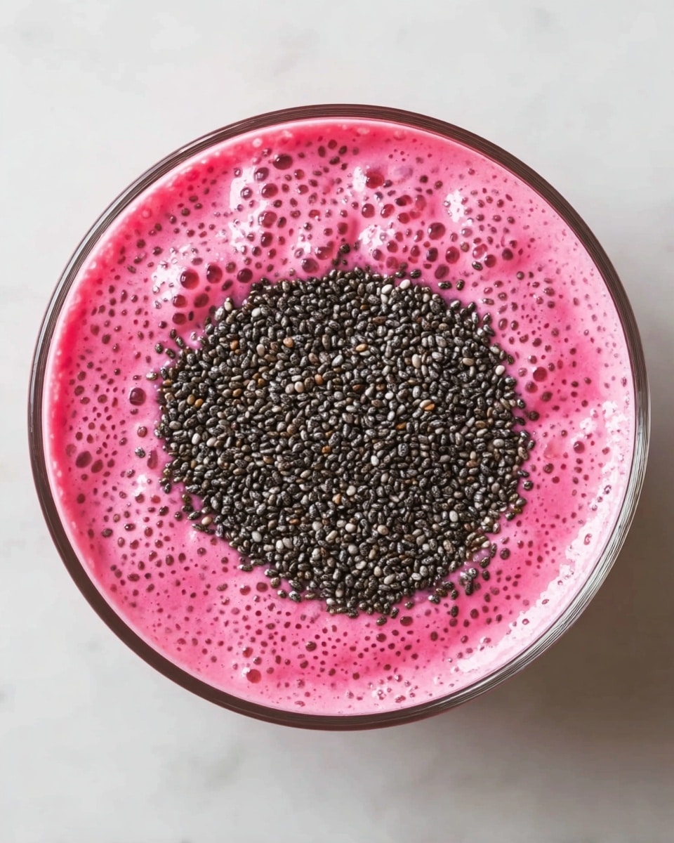 A top view of a round clear glass bowl filled with two layers; the bottom layer is a bright pink, creamy liquid with tiny seeds visible inside, making the surface look slightly textured and bubbly. The top layer is a generous pile of small black chia seeds, clustered densely in the center and spreading out slightly towards the edges, contrasting sharply with the pink liquid. The bowl rests on a white marbled surface. photo taken with an iphone --ar 4:5 --v 7