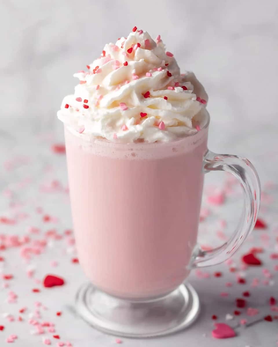 A clear glass mug filled with a smooth, light pink drink as the base layer. On top of the pink drink is a large swirl of white whipped cream that creates a fluffy, textured layer. Scattered over the whipped cream and a few on the clear glass and white marbled surface are small red and pink heart-shaped and sprinkle decorations. The mug is set against a soft, blurred background with a white marbled texture visible beneath it. photo taken with an iphone --ar 4:5 --v 7