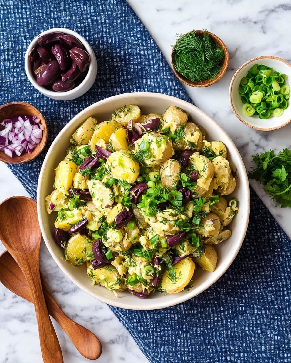 A white bowl filled with a potato salad made of golden and light yellow potato chunks mixed with dark purple olive slices and bright green chopped herbs like dill and parsley. The salad has some light green sliced scallions scattered throughout. Around the bowl, there are three small white bowls with ingredients: one has dark purple olives, another bright green parsley, and the last one fresh green dill. Next to the bowls, two wooden spoons rest on a dark blue cloth on a white marbled surface. The photo taken with an iphone --ar 4:5 --v 7
