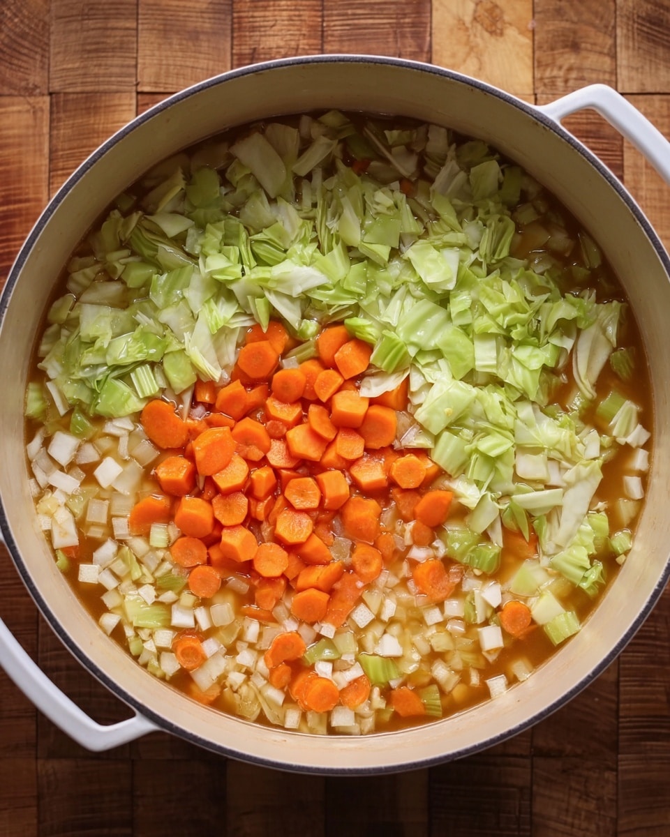 The image shows a large white pot filled with a colorful mix of chopped vegetables in a light brown broth. At the bottom layer, there are small white diced pieces scattered throughout the broth. The middle layer has chopped light green celery and bright orange carrots arranged in the center. The top layer features light green cabbage pieces spread around the edges, floating on the broth. The pot is placed on a wooden surface with visible grains. photo taken with an iphone --ar 4:5 --v 7