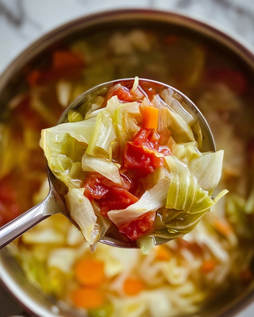 A close-up view of a large silver spoon filled with a clear broth soup containing multiple layers of colorful vegetables: light green cabbage leaves, bright red tomato chunks, white and pale green celery pieces, and orange carrot slices, all mixed and soaked in the broth. The spoon is held above a pot filled with more of the same soup, showing the soft textures of the cooked vegetables and the warm, clear liquid around them. The background shows the white marbled texture of the surface. Photo taken with an iphone --ar 4:5 --v 7