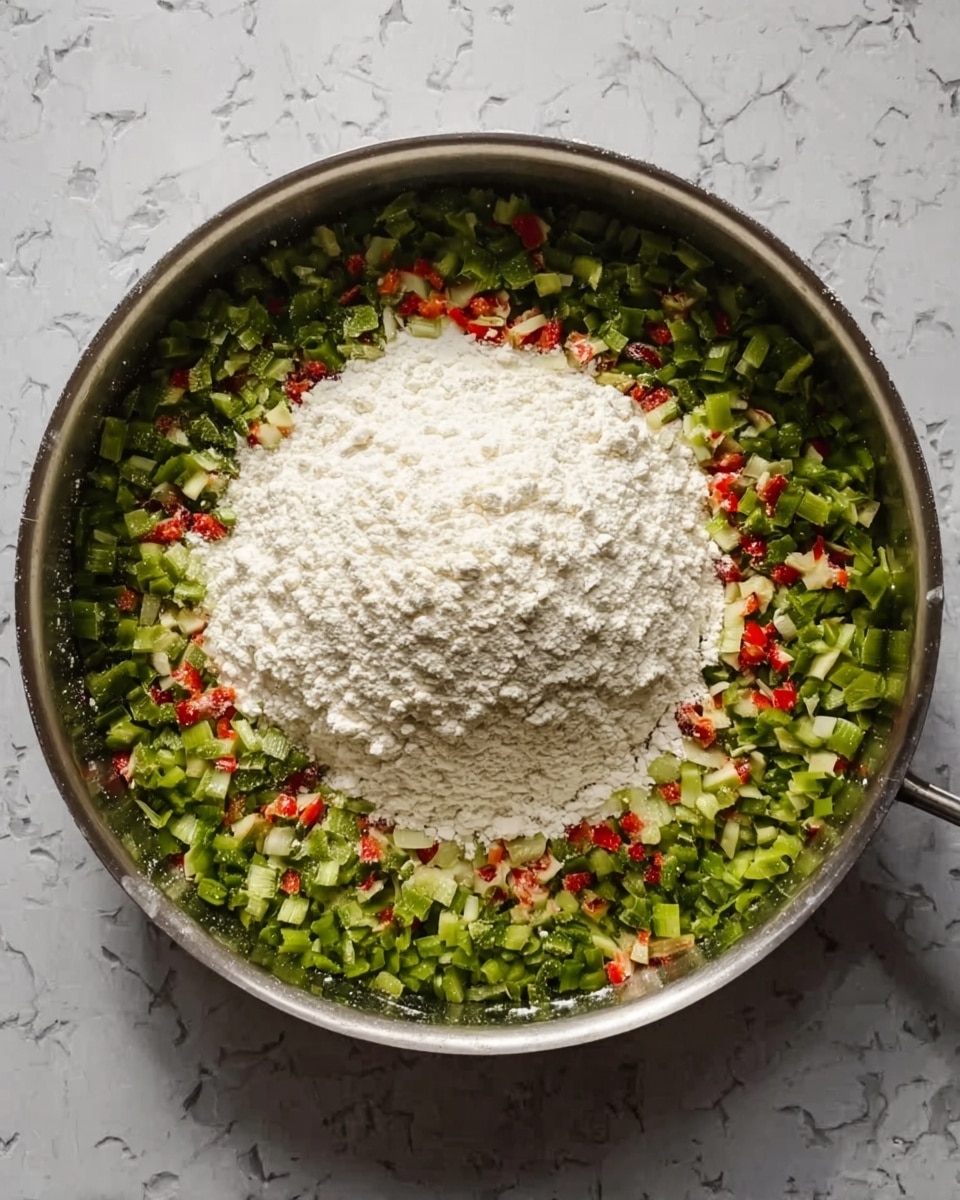 A large silver pan holds a layer of finely chopped green celery and small pieces of red and white vegetables spread evenly in a ring around the edge, with a big mound of white flour piled in the center. The pan rests on a white marbled surface. photo taken with an iphone --ar 4:5 --v 7