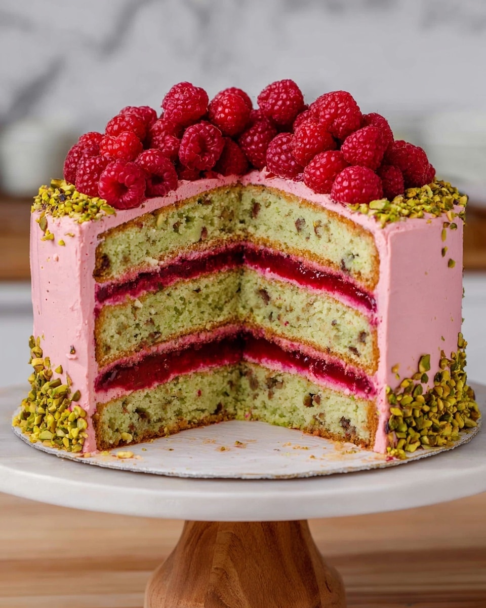 A round cake is shown with a slice removed, revealing four visible layers of light green cake with small dark specks inside. Between the cake layers are smooth pink frosting and thick red fruit jelly layers. The outside is fully covered in smooth pink frosting. The top of the cake is decorated with a large pile of bright red raspberries and a ring of crushed green pistachios around the edge. The cake sits on a white plate placed on a wooden cake stand, and the background is a white marbled texture. photo taken with an iphone --ar 4:5 --v 7
