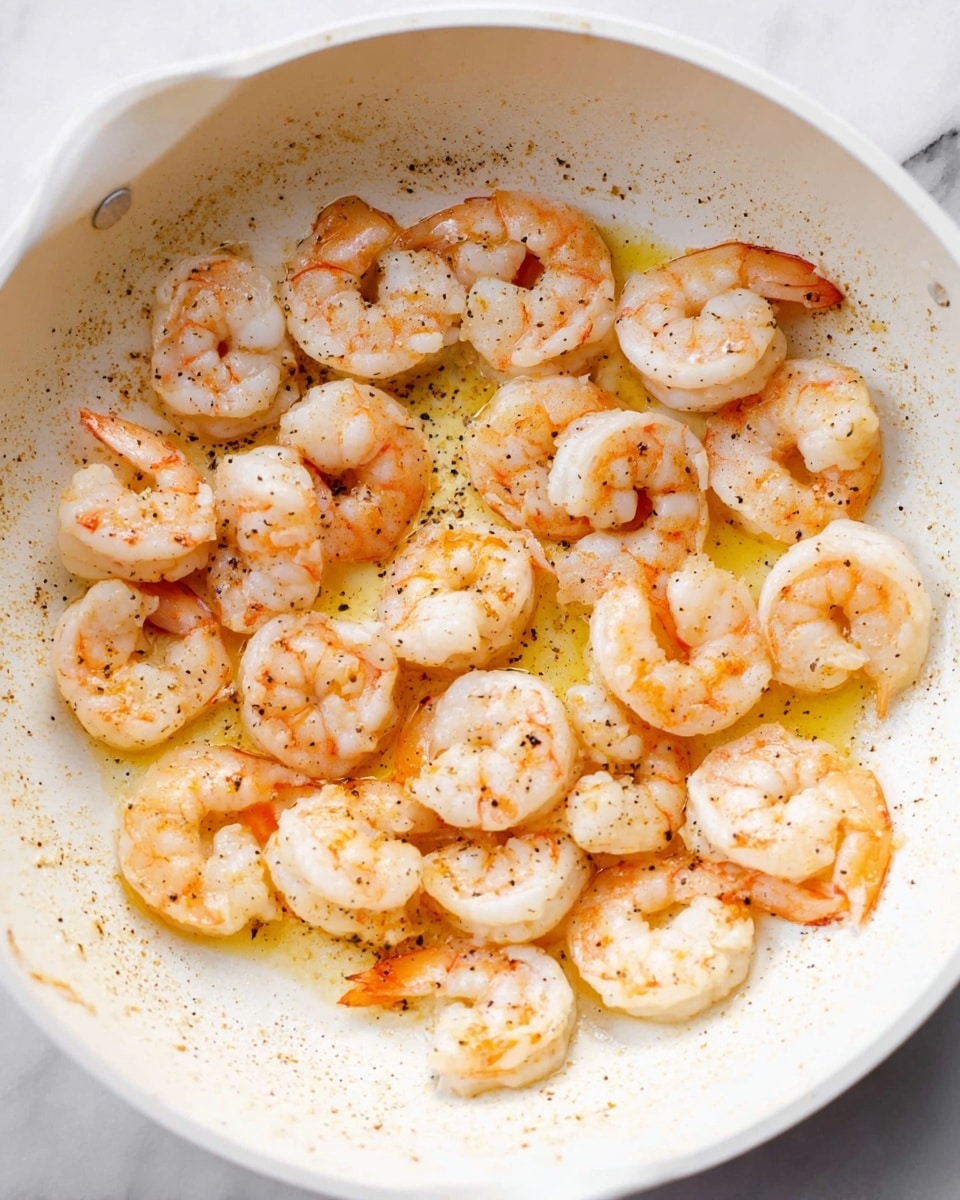 The image shows a white pan with cooked shrimp scattered inside. The shrimp are medium-sized, mostly curled, with a light orange and off-white color, and some parts have a slight browning from cooking. There is a thin layer of yellow oil or butter mixed with tiny black pepper specks spread unevenly in the pan. The white pan has some light brown residue from cooking on its surface. The background is a white marbled texture. photo taken with an iphone --ar 4:5 --v 7