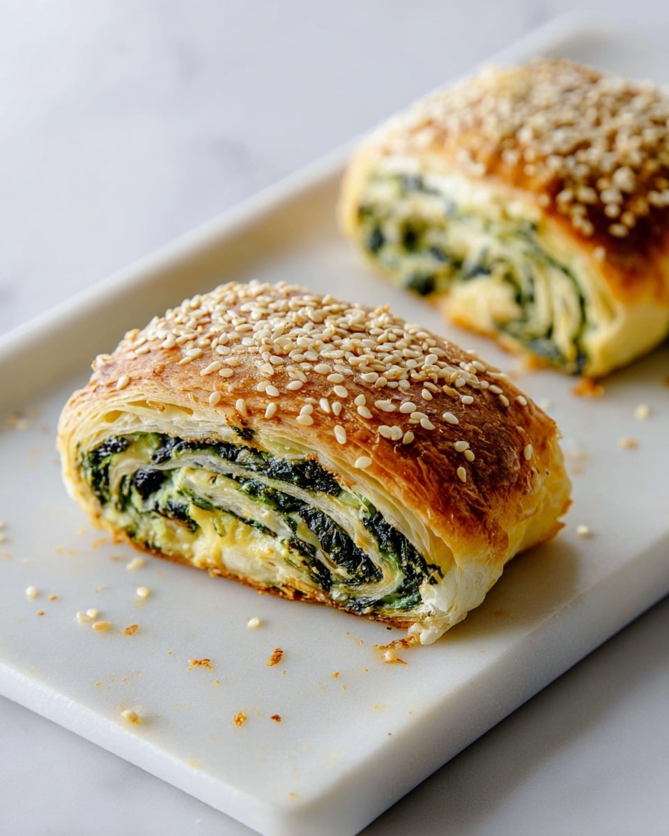 The image shows two pieces of spinach-filled pastry on a white tray with some sesame seeds scattered around. Each pastry has a golden-brown, flaky outer layer topped with white sesame seeds, forming the top layer. Inside, the middle layer is made up of bright green spinach mixed with melted light yellow cheese, rolled together in spiral patterns around a soft, flaky white dough base. The pastries rest on a white tray, and the background has a smooth white marbled texture. Photo taken with an iphone --ar 4:5 --v 7