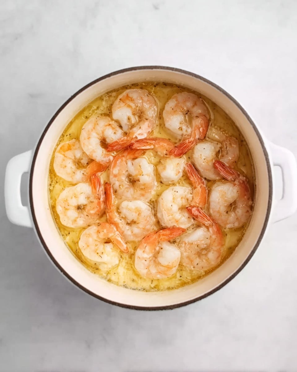 A white pot filled with one layer of peeled shrimp arranged in a circular pattern. The shrimp are light pink with some orange shades on the edges, sitting in a thin layer of melted butter that glistens. The pot is placed on a white marbled surface. photo taken with an iphone --ar 4:5 --v 7