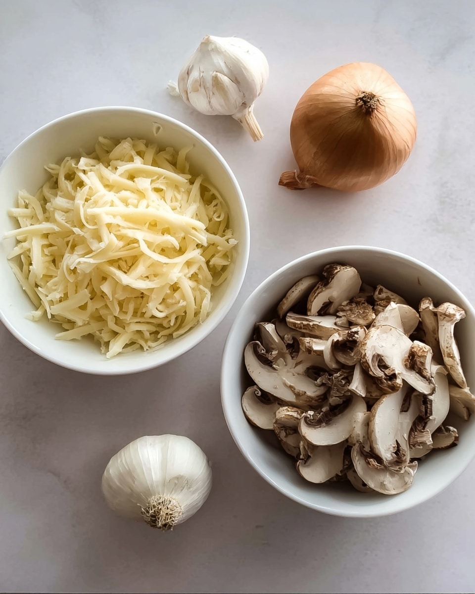 The image shows two white bowls on a white marbled surface; the left bowl is filled with shredded pale yellow cheese, while the right bowl contains sliced light brown mushrooms with white accents. To the left of the bowls, there is a whole brown onion and a whole white garlic bulb placed on the marbled surface. The lighting is soft and natural, highlighting the fresh ingredients clearly. Photo taken with an iphone --ar 4:5 --v 7