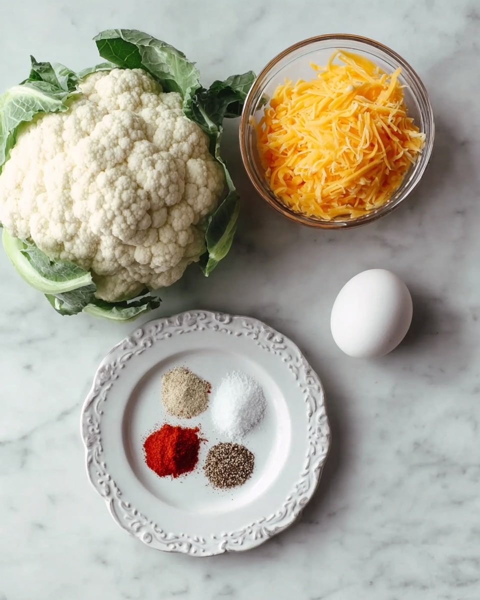 The image shows ingredients for a recipe placed on a white marbled surface. On the left side, there is a fresh whole head of cauliflower with green leaves visible around it. Next to it, slightly lower, is a single white egg. On the upper right, a clear glass bowl is filled with shredded orange cheddar cheese. Below the bowl, a white plate with a decorative edge holds four small piles of different spices: white powder, black pepper, bright red powder, and fine white salt, each forming a separate mound on the plate. The scene is simple and well lit, emphasizing the natural colors and textures of the ingredients. photo taken with an iphone --ar 4:5 --v 7