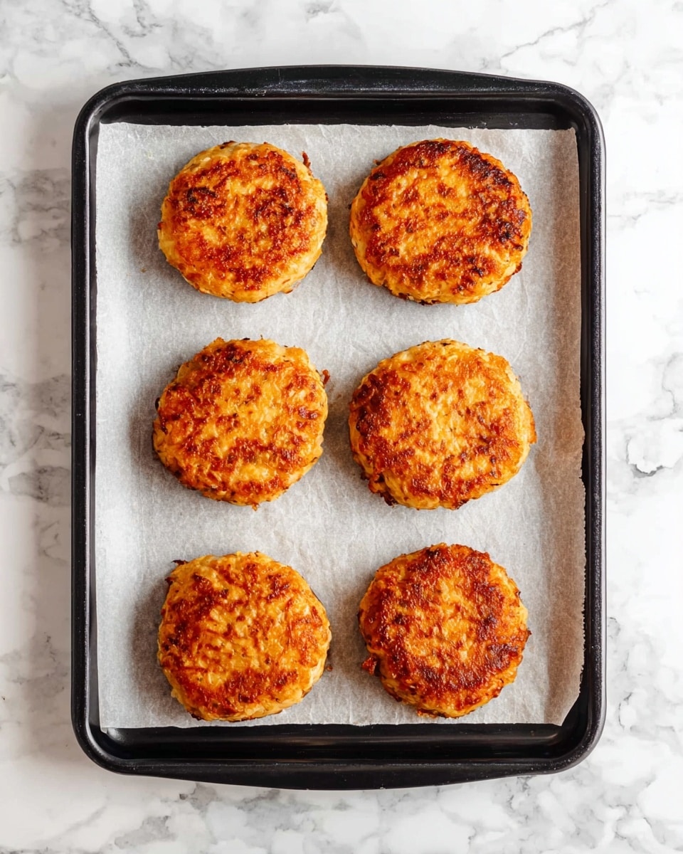 The image shows six round, golden brown patties arranged in two rows of three on a black baking tray lined with white parchment paper. Each patty has a crispy, slightly uneven surface with visible browning edges and small textured details, indicating a cooked outer layer. The tray is placed on a white marbled surface, which adds a clean, bright background contrast to the warm colors of the patties. photo taken with an iphone --ar 4:5 --v 7