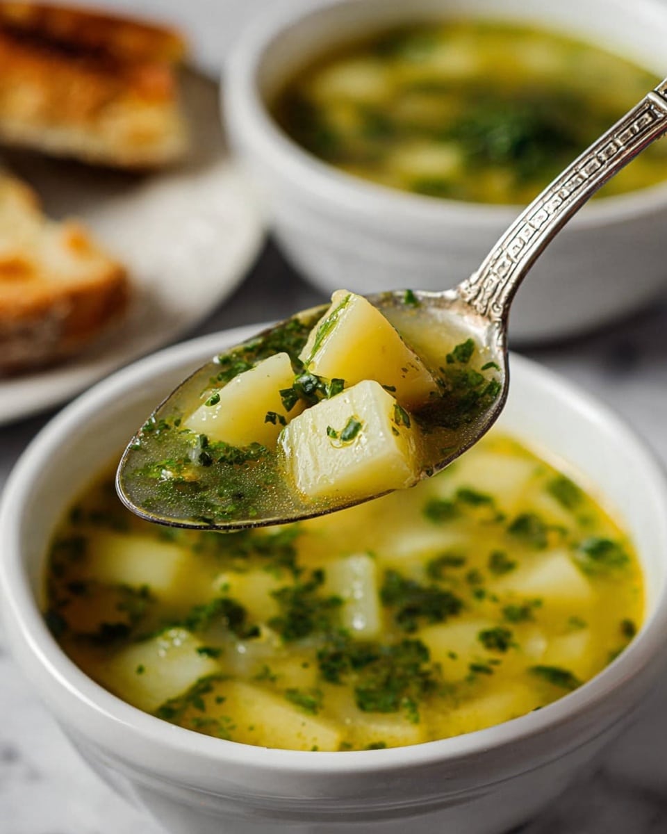 A spoon holds a close-up view of two layers: on the top, small green chopped herbs, and underneath, light yellow potato pieces with a smooth broth visible between them, the spoon is silver with a detailed handle design. The spoon is raised above a white bowl filled with soup that shows a mix of cubed potatoes and herbs in a yellowish broth with a soft texture. In the background, another white bowl of the same soup is slightly out of focus. The bowls sit on a white marbled surface, and at the bottom left corner, a small part of toasted bread is visible. photo taken with an iphone --ar 4:5 --v 7