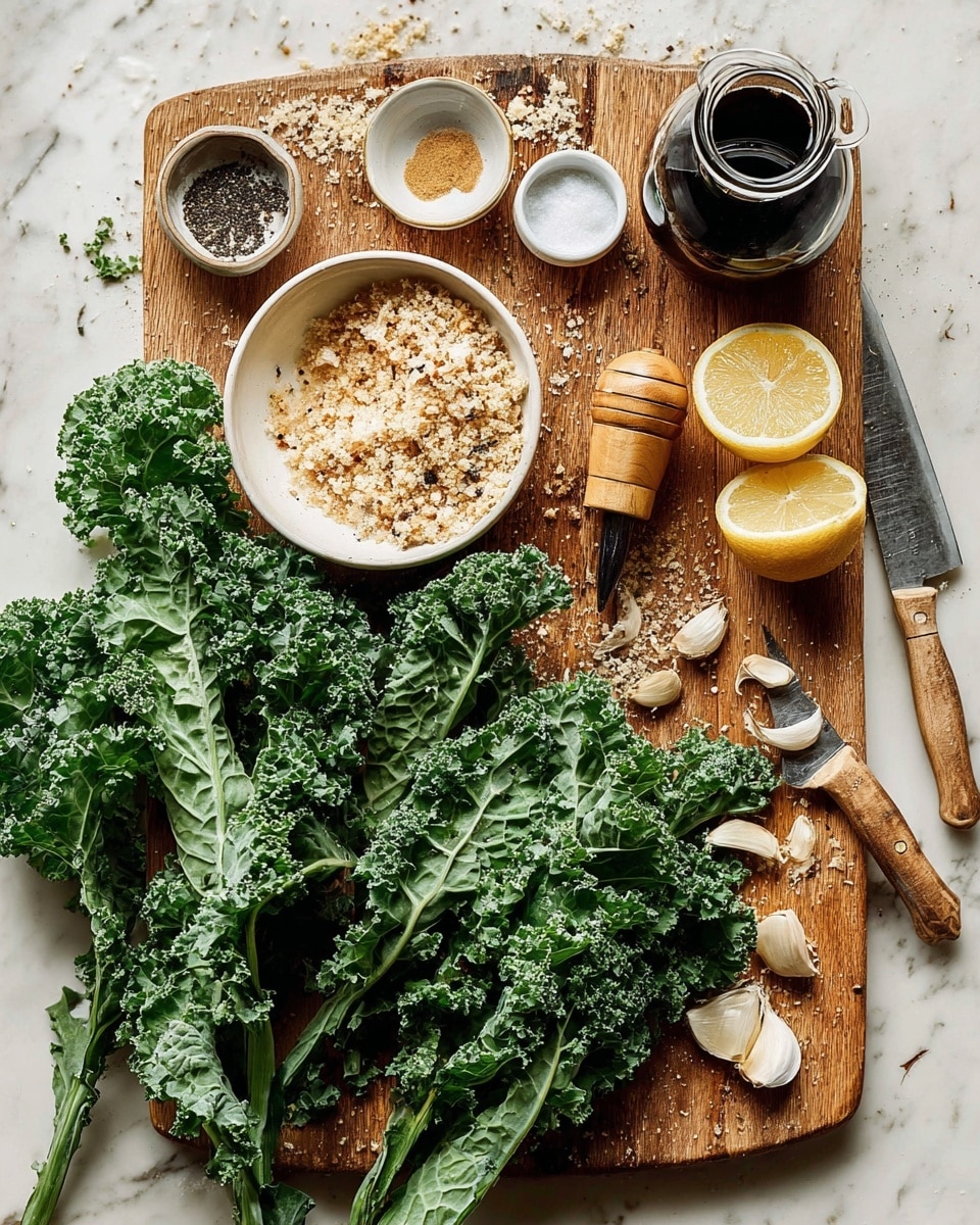 The image shows a wooden cutting board on a white marbled surface with fresh, green kale leaves spread across it and around the board. On the left side of the board, there is a white bowl filled with crushed bread crumbs with some crumbs scattered outside. Above the bowl, there are small bowls of salt, black pepper, and a dark liquid like soy sauce. Near the top right, a wooden lemon squeezer rests next to two lemon halves, one squeezed and one whole, along with three garlic cloves. A knife with a wooden handle is placed on the right side of the cutting board, partially covered by the kale leaves. A large dark bottle with a small cup is positioned near the top left corner. The whole scene looks fresh and natural. photo taken with an iphone --ar 4:5 --v 7
