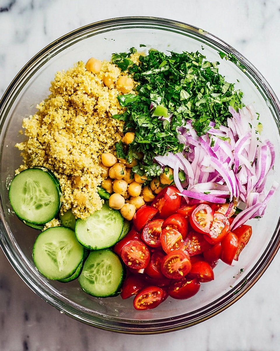 A clear glass bowl contains five distinct layers arranged side by side. Starting from the left, there is a yellowish layer of cooked couscous with chickpeas mixed in, showing a grainy texture. Next to it, bright green leafy herbs roughly chopped fill the space. Beside the herbs, thinly sliced light purple onions are stacked loosely with a thin, crisp texture. To the right of the onions, halved cherry tomatoes, bright red and glossy, fill the section. The last section on the bottom left is covered with neatly overlapped pale green cucumber slices with darker green edges and visible seeds. The bowl sits on a white marbled surface. Photo taken with an iphone --ar 4:5 --v 7