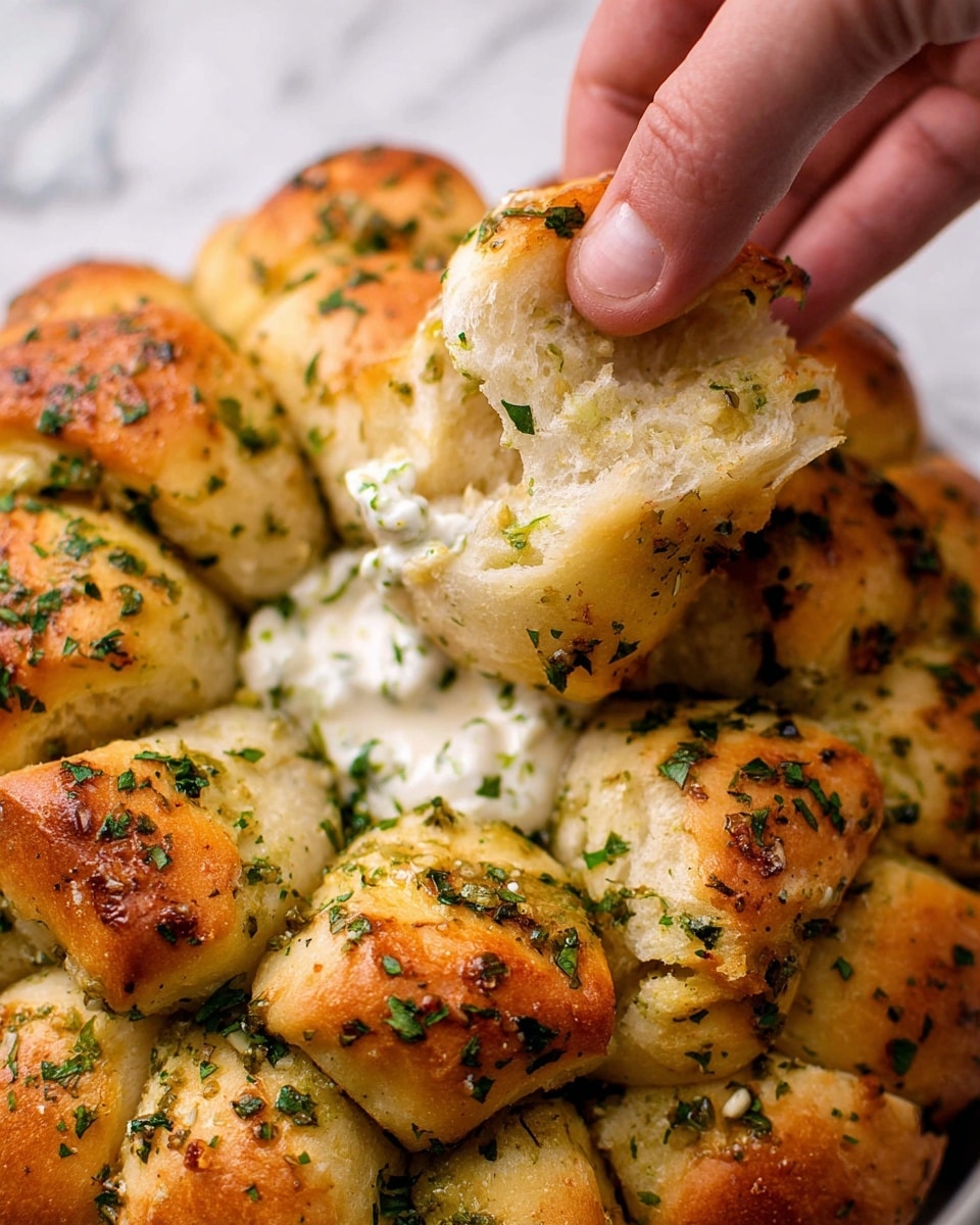 The image shows a close-up of golden-brown garlic knots arranged in a circle, with each knot sprinkled with green herbs on top, making them look fresh and tasty. The knots have a soft, fluffy texture with some crispy, browned edges. One knot is being picked up by a woman's hand, revealing a creamy white dipping sauce covered with small bits of herbs in the middle of the circle. The background has a white marbled texture that highlights the warm colors of the bread and sauce. photo taken with an iphone --ar 4:5 --v 7