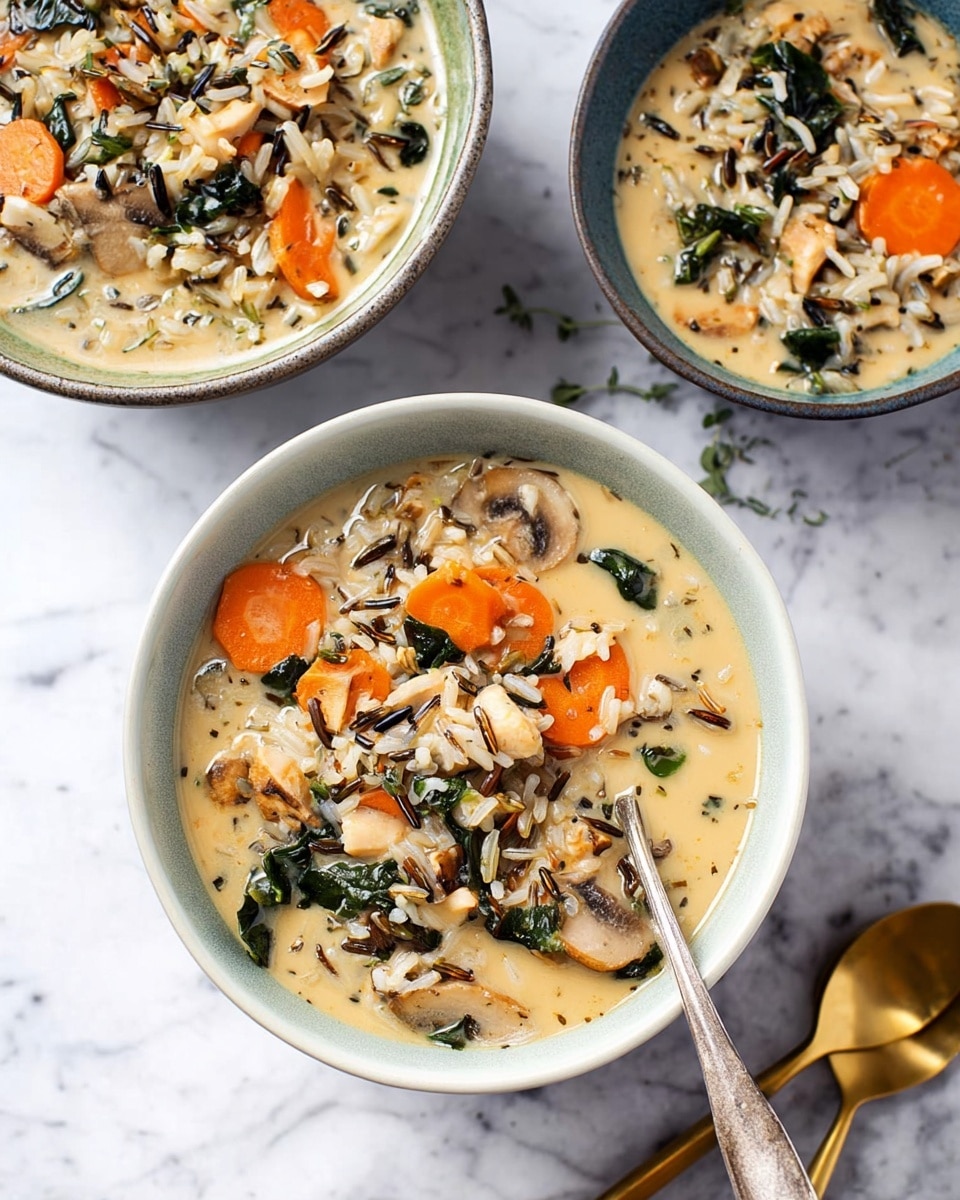 Three white bowls filled with a creamy soup are positioned on a white marbled surface. Each bowl holds layers of light beige broth mixed with orange carrot slices, light brown mushroom pieces, dark green leafy vegetables, and a mix of white and wild rice grains. The bowl in the front is the largest and most detailed, showing a spoon resting inside. The soup has a smooth, slightly thick texture with visible herbs and spices scattered throughout. Two golden spoons rest in the background next to the other bowls, adding a warm metallic contrast. Photo taken with an iphone --ar 4:5 --v 7