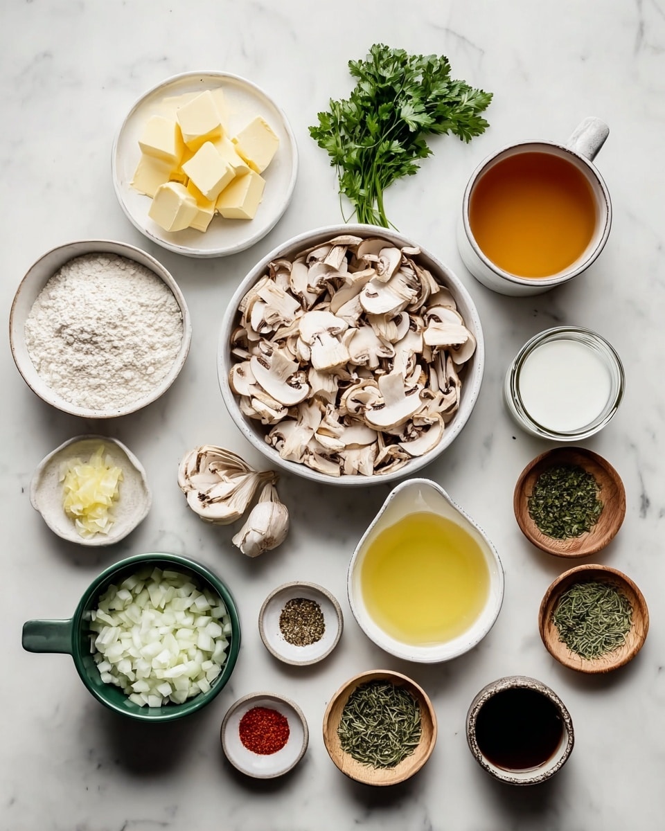 The image shows various ingredients arranged neatly on a white marbled surface. In the center right, there is a white bowl filled with thinly sliced light brown mushrooms layered unevenly. Next to it, on the far right, a white mug is filled with amber-colored broth, and just below it, a small white bowl holds white flour. Above the flour bowl is a glass jar containing a clear liquid, and below the flour bowl is a smaller white round bowl with light yellow oil. Toward the front left, a dark green bowl is filled with white diced onions, and above it on a small white plate are three yellow butter pieces. To the left of the butter, there is a glass jug of white milk, and above it, a bunch of fresh green parsley. Scattered in small white and wooden bowls are various seasonings: bright red paprika powder, bright green thyme, dark green dill, coarse black pepper, and white salt in a small round black bowl. Near the top left is a small bowl of white sour cream, and next to it is a bowl with a dark brown sauce. All items are placed with some space between them, on the smooth light-colored marble background, photo taken with an iphone --ar 4:5 --v 7