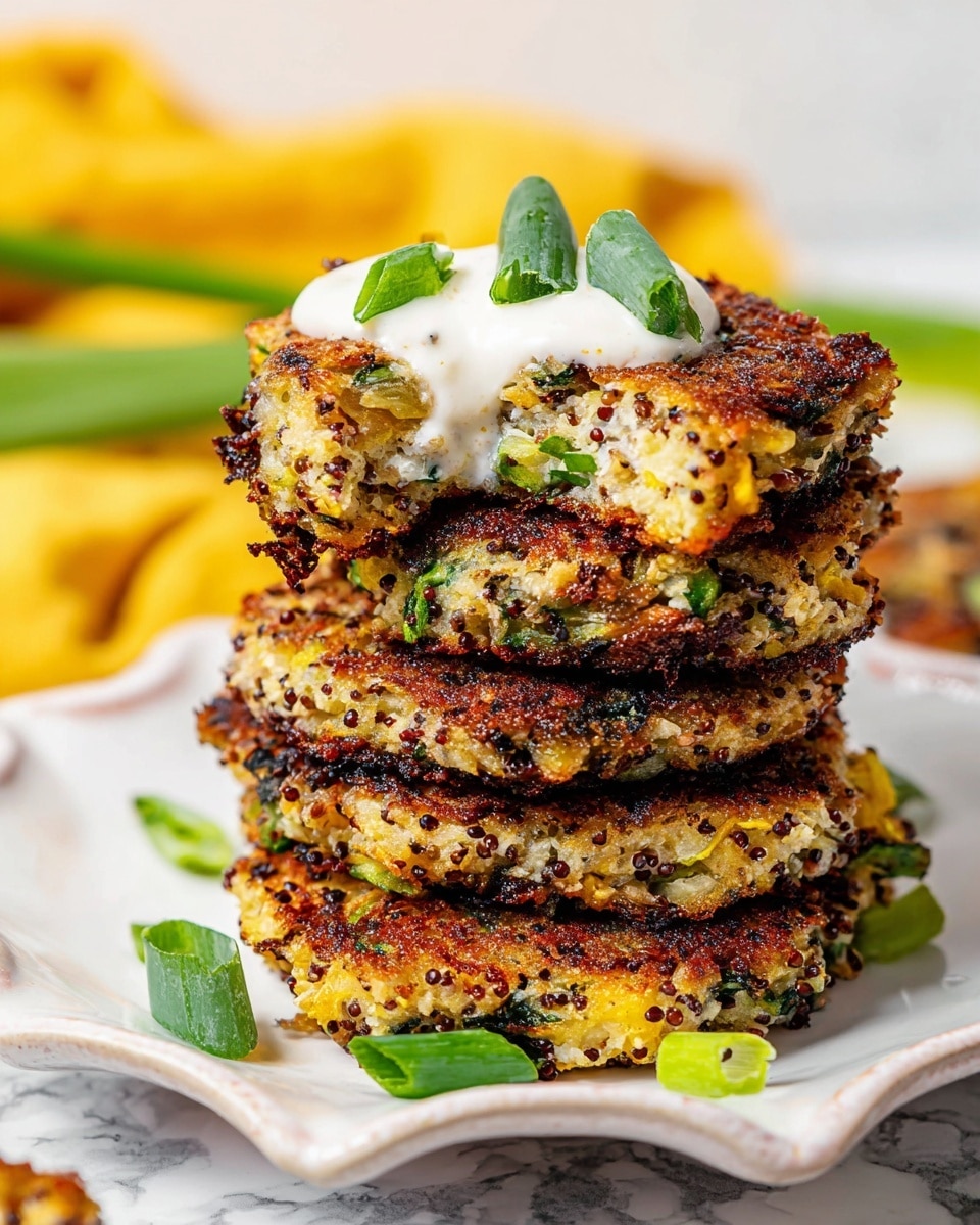 A stack of five golden-brown fritters with visible black and white grains and green vegetable bits sits on a white plate with a wavy edge, placed on a white marbled surface. The fritters have a crispy outside and a soft, moist inside showing bits of green vegetables mixed with small grains. The top fritter is topped with a dollop of white creamy sauce, sprinkled with bright green chopped scallions. Around the plate are a few more scallion pieces. In the background, a blurred yellow cloth and a green vegetable tip are visible. Photo taken with an iphone --ar 4:5 --v 7