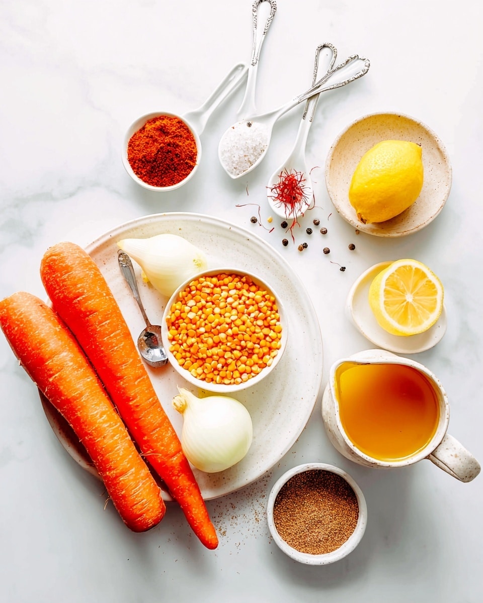 The image shows a white round plate on a white marbled surface holding two whole bright orange carrots and two onion halves with peeled white skin. Around the plate are three white ceramic spoons each holding different spices: one has bright red powder, another a brown powder, and the third saffron threads. There is a small white bowl filled with brown spices next to the plate. Nearby, two small white bowls contain yellow corn kernels and orange lentils with a silver spoon resting inside the lentils. A small white bowl with olive oil speckled with black pepper sits close by, accompanied by a clear glass pitcher filled with orange liquid, and a small beige dish holding a bright yellow lemon. Two silver spoons above the plate hold coarse salt and mixed spices. The whole scene is clean and bright. photo taken with an iphone --ar 4:5 --v 7