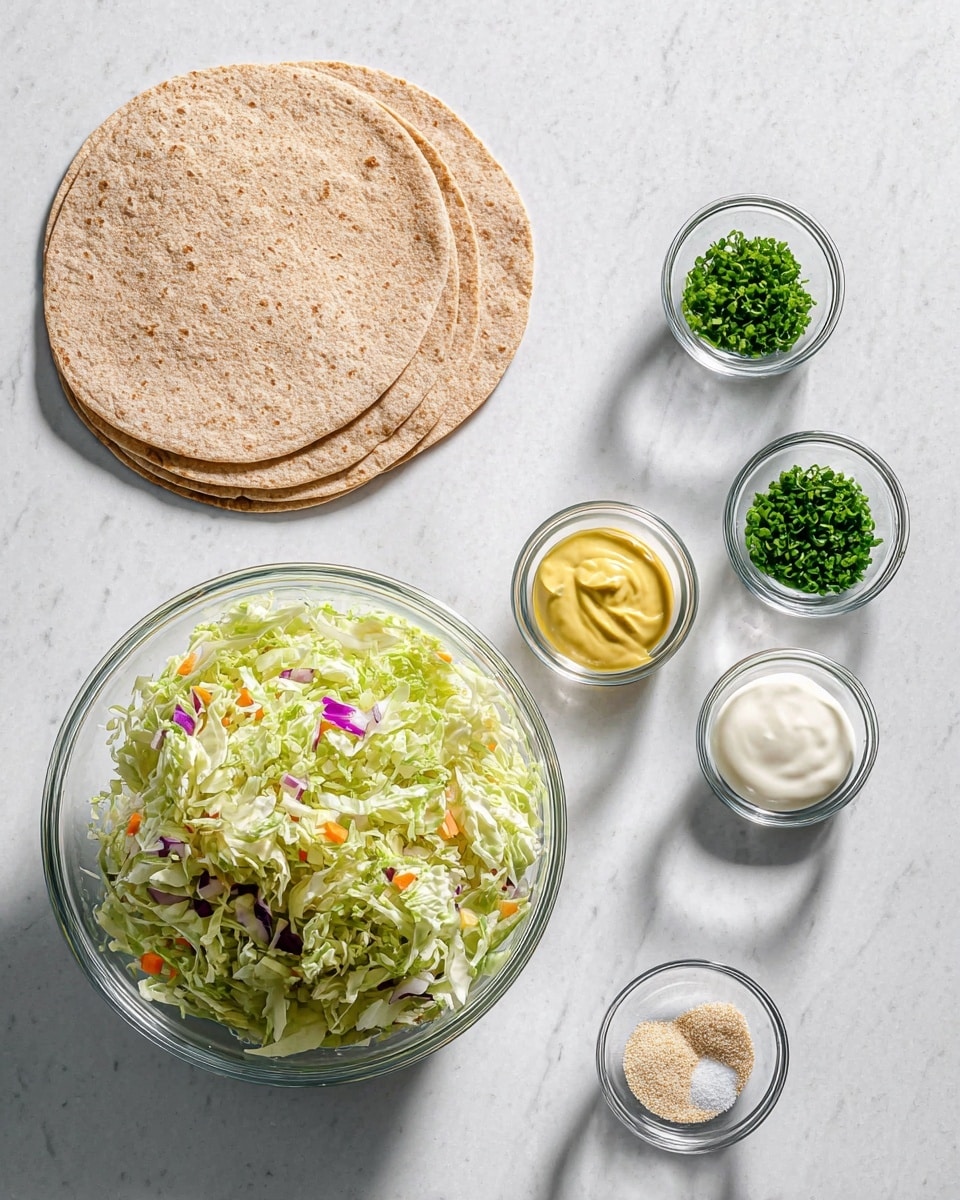 The image shows a flat lay of ingredients on a white marbled surface. On the left side, there are two folded whole wheat tortillas with a light brown texture. Above the tortillas, there is a large clear glass bowl filled with shredded cabbage, light green lettuce, and small orange and purple vegetable pieces. To the right of the large bowl, there are five small clear glass bowls arranged in a loose circle. The top bowl contains finely chopped green herbs, the middle right bowl has a dollop of yellow mustard, the middle bottom bowl is filled with white creamy dressing, the bottom right small bowl holds a few small piles of fine white salt and light tan powder, and the middle left small bowl contains finely chopped green chives. The scene is brightly lit, and the shadows of the bowls are visible on the white marbled surface. Photo taken with an iphone --ar 4:5 --v 7