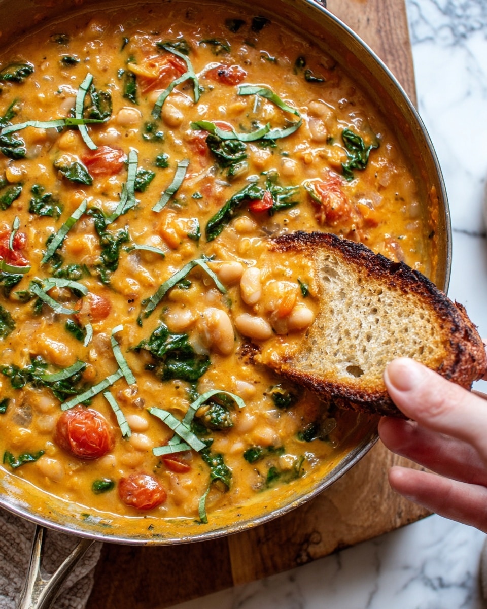The image shows a pan filled with a thick, creamy orange stew with visible white beans, small cherry tomatoes, and green leafy herbs mixed throughout. The stew’s surface is topped with thin strips of fresh green basil. A toasted piece of bread with a golden brown crust is partially dipped into the stew, held by a woman’s hand from the lower right corner. The background has a white marbled texture and the pan is placed on a wooden surface. photo taken with an iphone --ar 4:5 --v 7