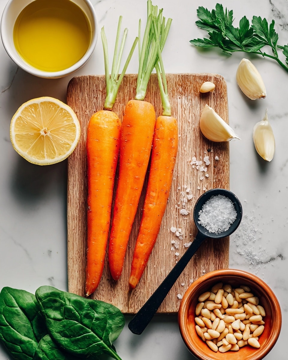 The image shows a wooden cutting board on a white marbled surface. On the board, there are three bright orange carrots with green tops, lying side by side. Above the carrots, there are two light cream garlic cloves. To the right of the garlic, a black spoon holds coarse sea salt, some of which spills onto the board. Below the carrots, a half lemon with a vibrant yellow interior is placed. Nearby, a small brown bowl filled with light beige pine nuts sits on the marbled surface. There is also a green spinach leaf and a sprig of fresh parsley adding a pop of green color. In the upper left corner, there is a white bowl filled with golden olive oil. photo taken with an iphone --ar 4:5 --v 7