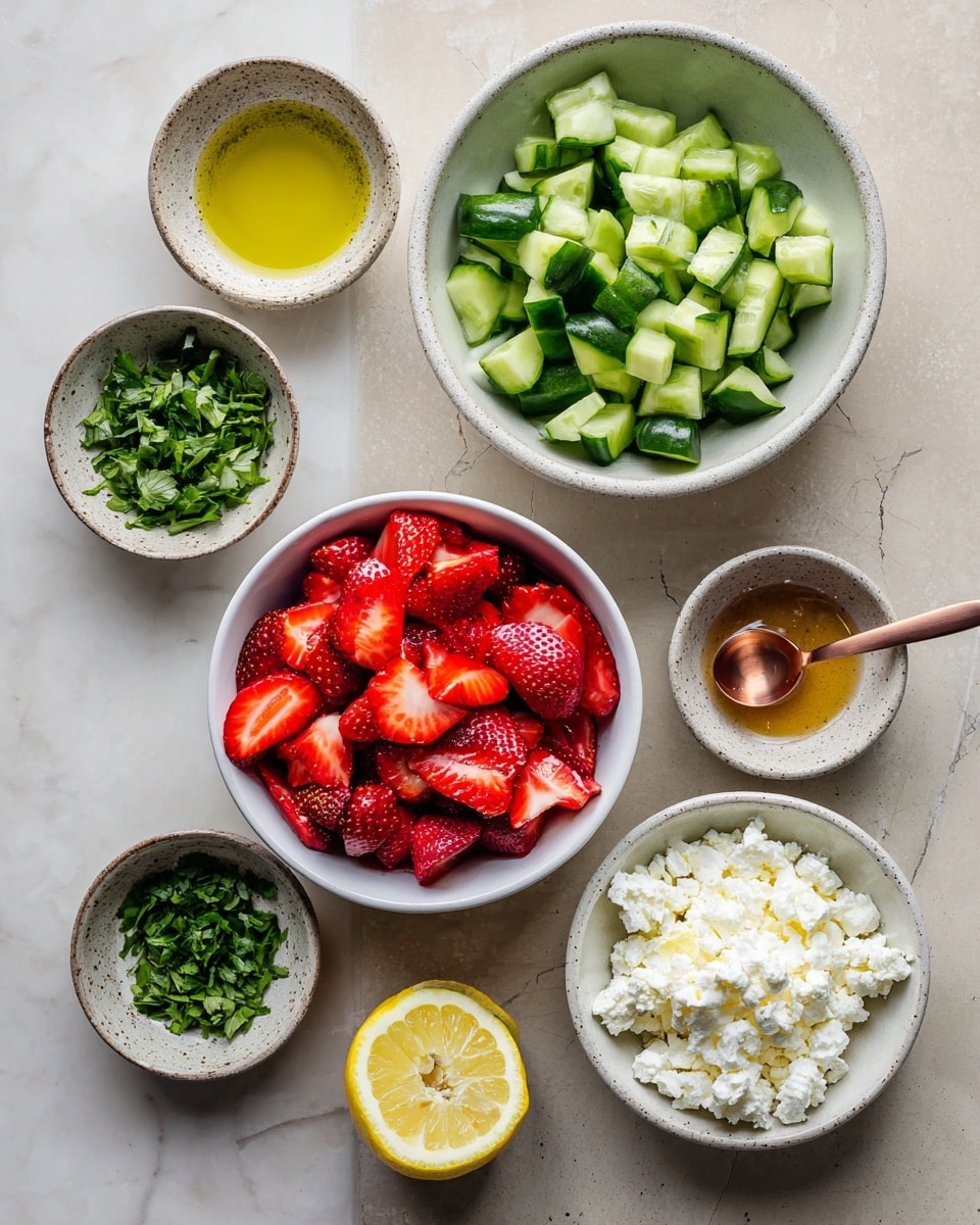 The image shows six small bowls arranged on a white marbled surface, each holding different fresh ingredients. The largest bowl at the top right is filled with bright green chopped cucumber pieces, showing a crisp texture. Below it, a medium white bowl is filled with vibrant red sliced strawberries, with seeds and juicy flesh visible. To the right of the strawberries is a small white bowl containing a halved yellow lemon with its inner segments clearly seen. Near the lemon is a tiny speckled bowl holding a copper measuring spoon filled with golden honey. At the bottom right, a white bowl contains crumbled white cheese with a soft, crumbly texture. Two smaller speckled bowls hold chopped green herbs, with one at the top left and another at the bottom left. A small white bowl of olive oil with a smooth, reflective surface is beside the herbs. All bowls have rustic, simple appearances and are spread evenly, creating a colorful and fresh layout. Photo taken with an iphone --ar 4:5 --v 7