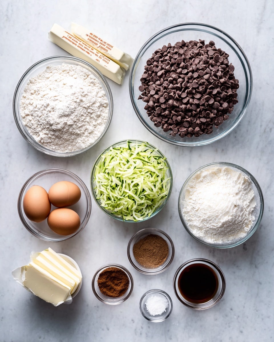 The image shows several clear glass bowls and one white bowl arranged on a white marbled surface. There are eight containers: a large bowl filled with white flour, another large bowl full of small dark brown chocolate chips, a medium bowl with shredded green zucchini, a white bowl filled with white granulated sugar, a small bowl holding two brown eggs, a tiny bowl with dark brown cinnamon powder, a tiny bowl with white baking powder, and an even smaller bowl with a pinched amount of salt. Two sticks of butter wrapped in white paper with orange text are placed near the chocolate chips. There is also a very small glass bowl containing a dark brown liquid, likely vanilla extract. The whole setup looks neat and ready for baking. Photo taken with an iphone --ar 4:5 --v 7