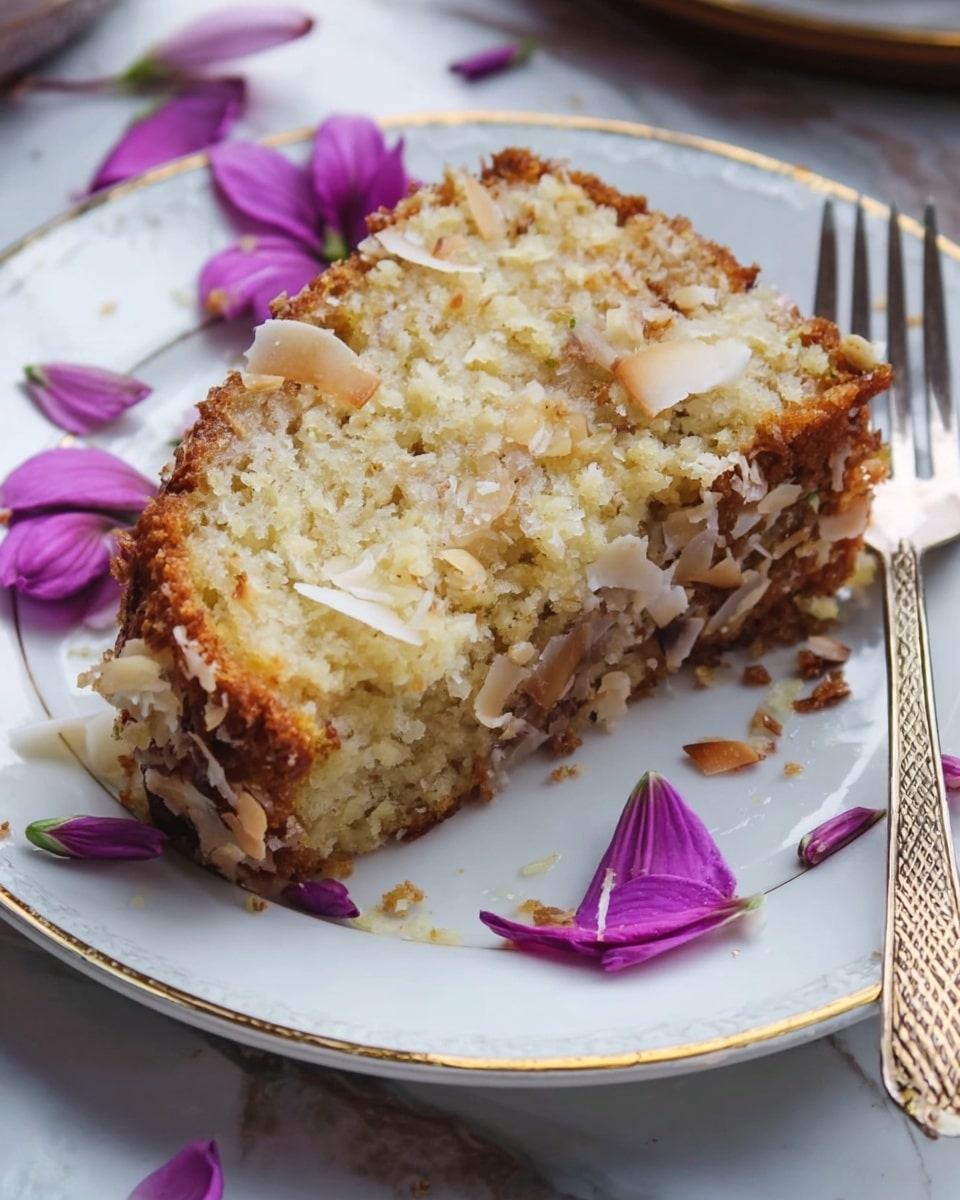 A single slice of moist, crumbly cake with a golden brown crust and a light beige interior filled with coconut flakes and small nut pieces. It is placed slightly off-center on a white plate with a delicate gold rim. Around the cake slice are a few purple flower petals scattered on the plate and the white marbled surface beneath. A silver fork with a gold patterned handle rests beside the cake on the right side. The scene has a close-up view with soft natural lighting, showing texture details of the cake and petals clearly photo taken with an iphone --ar 4:5 --v 7