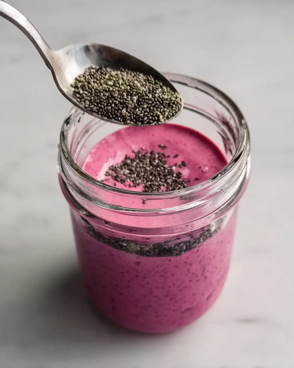 A clear glass jar is filled halfway with a smooth, thick, bright pink mixture. On top of this layer, small black seeds are being spooned from a metal spoon into the jar. The jar is set on a white marbled surface, and the texture of the pink layer looks creamy with tiny darker specks inside. The spoon is positioned above the jar with seeds gently falling onto the pink layer. photo taken with an iphone --ar 4:5 --v 7