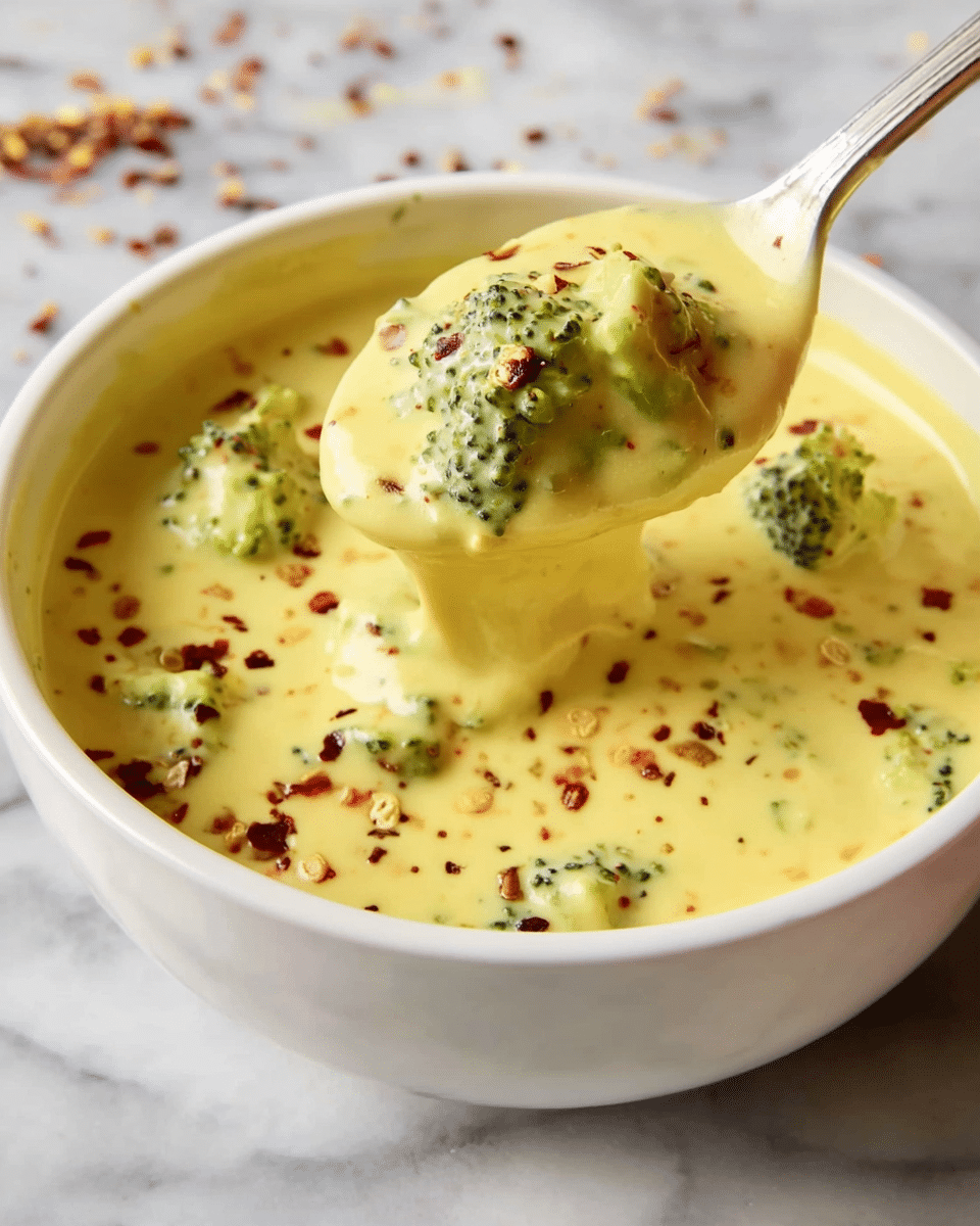 A white bowl filled with thick yellow cheese sauce with visible small green broccoli pieces mixed inside. A white spoon lifts a portion of the sauce and broccoli from the bowl, showing the creamy texture and sprinkled with black and red pepper flakes. The bowl sits on a white marbled surface, with some red pepper flakes scattered around it. Photo taken with an iphone --ar 4:5 --v 7