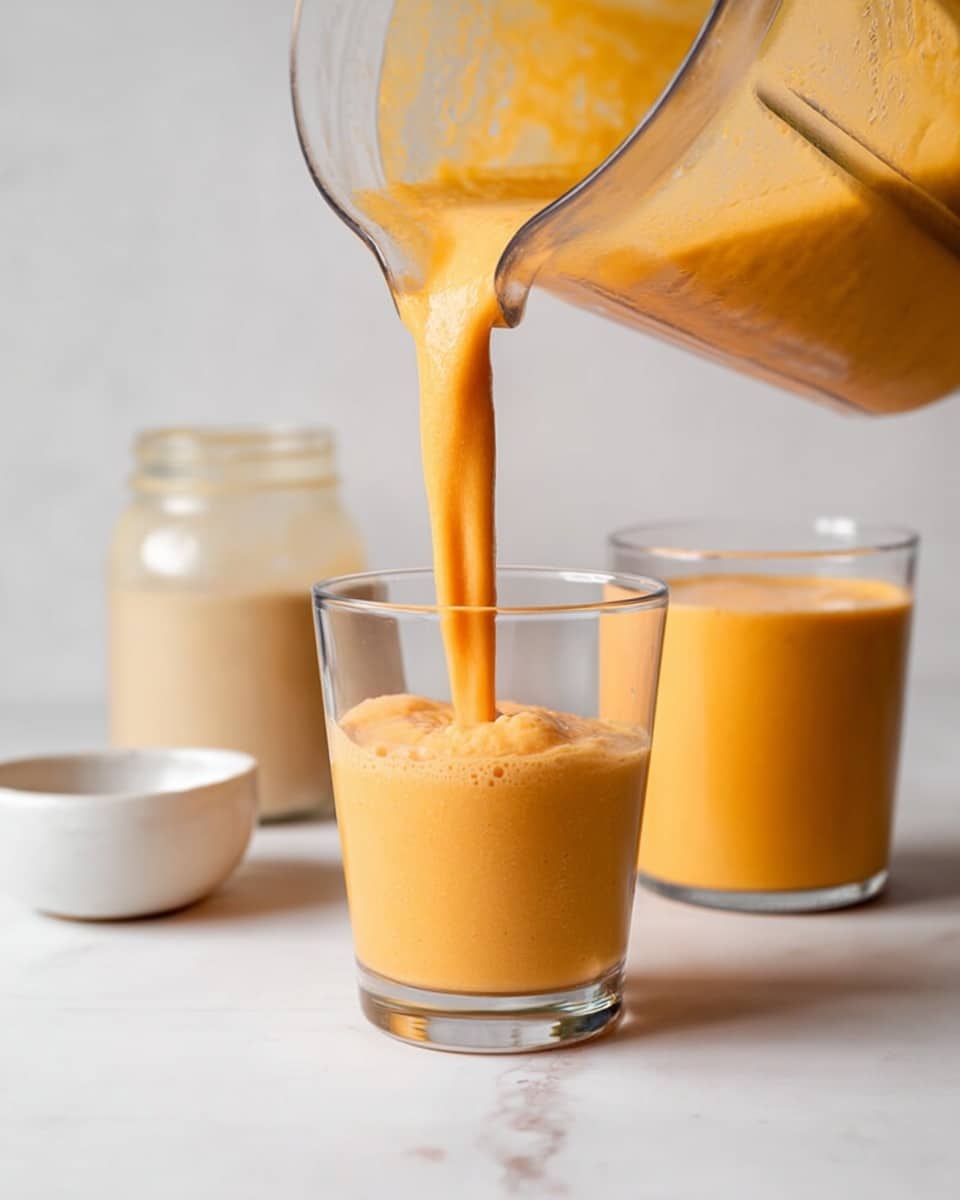 A thick, creamy orange smoothie is pouring from a clear glass blender jar into a clear glass cup. The smoothie has a smooth texture with a slightly foamy top forming inside the glass. Next to it, there is another full clear glass cup filled with the same orange smoothie. In the background, there is a small white bowl and a glass jar with a light beige liquid, all placed on a white marbled surface. The photo is bright with soft natural lighting giving the smoothie a vibrant and fresh look. photo taken with an iphone --ar 4:5 --v 7