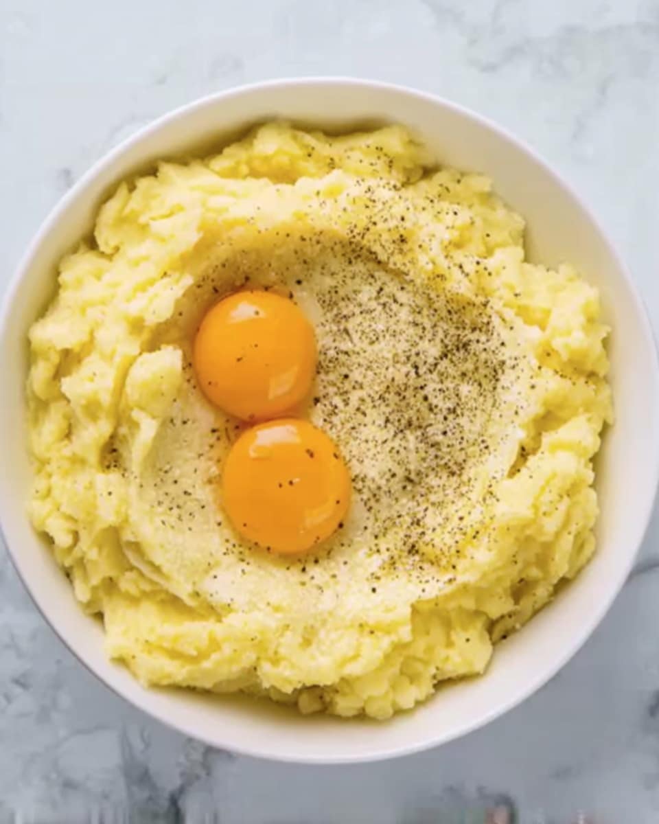A white bowl filled with a large layer of yellow mashed potatoes, topped with two raw egg yolks placed near the center. There is a sprinkle of black pepper over the potatoes and egg yolks. The bowl is on a white marbled surface. photo taken with an iphone --ar 4:5 --v 7