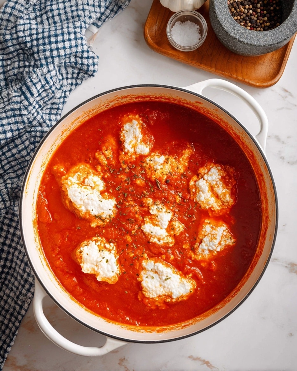 A white pot filled with bright red tomato sauce forms the base layer, thick and smooth with some visible seeds and herbs. On top, there are several dollops of a white, soft, and slightly grainy textured mixture floating unevenly across the surface. The pot is placed on a white marbled surface with a blue and white checkered cloth partially visible to the left. In the background, there is a wooden tray holding a bulb of garlic, a small white container of salt, and a stone mortar with peppercorns. Photo taken with an iphone --ar 4:5 --v 7