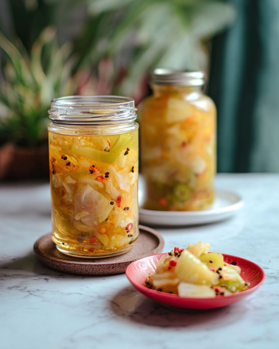 A small terracotta bowl filled with chunky yellow pickled pineapple pieces mixed with green sliced jalapeños and red mustard seeds. The bowl sits in the center of a white scalloped plate which has subtle green accents on one side. A small gold fork rests on the right side of the plate. In the background, there is a clear glass jar with an orange rubber seal, filled with more pickled pineapple pieces and seeds. The whole setup is placed on a white marbled surface. photo taken with an iphone --ar 4:5 --v 7