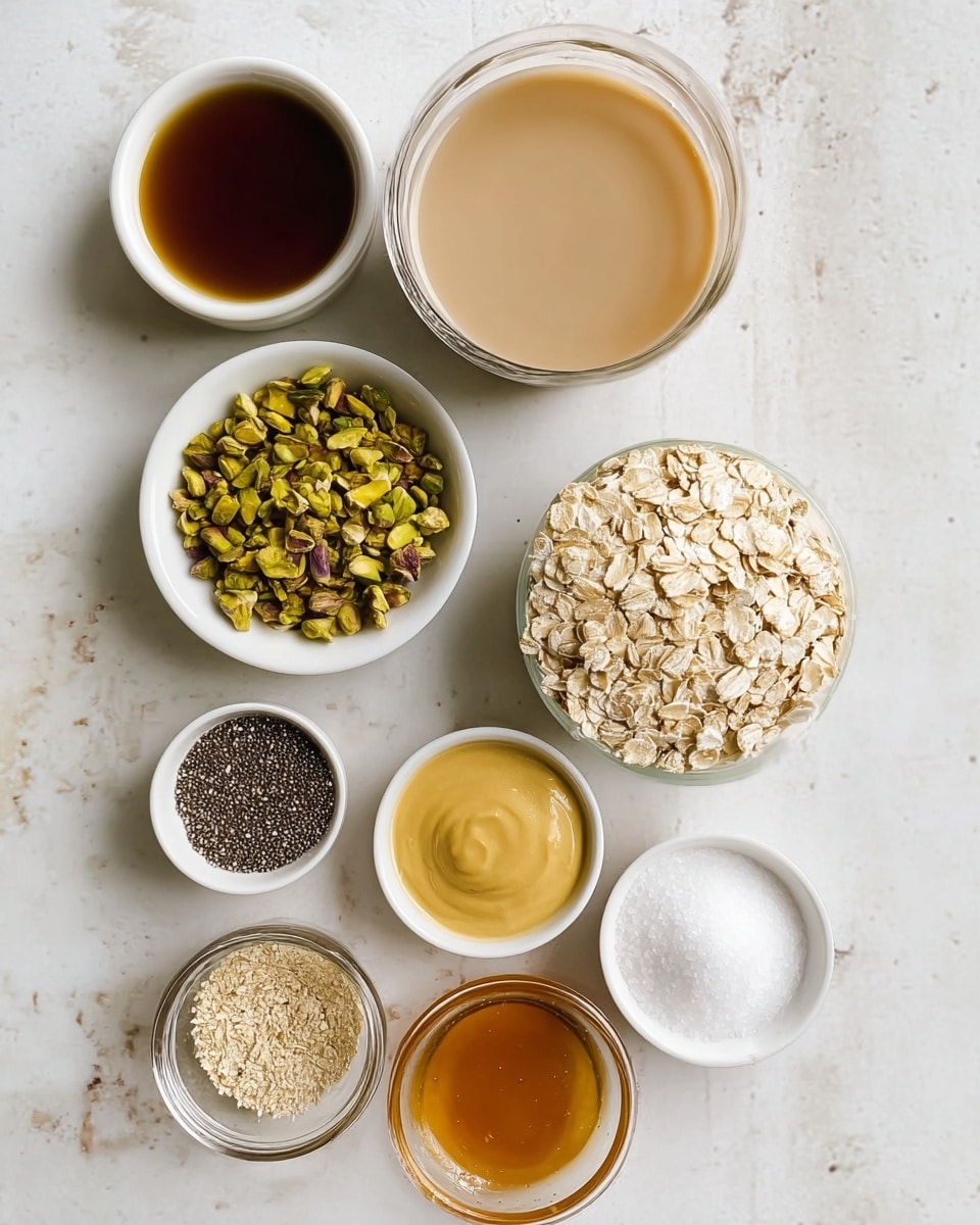 The image shows eight small white bowls and clear glass containers arranged neatly on a white marbled surface. In the center is a clear glass container filled with a smooth light brown liquid. To the right of it, a glass container holds light beige rolled oats with a textured, flaky look. Above the oats, a small bowl contains a dark brown thick liquid with a shiny surface. Above that, another small white bowl has a smooth mustard-yellow paste. To the left of the light brown liquid, a bowl is filled with chopped green pistachios, showing uneven small pieces. Above that, another white bowl contains a mixture of small black and white chia seeds. Below the pistachios, a white bowl holds amber-colored syrup with a glossy finish. Below the oats and syrup, a clear glass container is filled with a fine off-white powder. Lastly, below the powder, a small white bowl has a tiny amount of white granulated salt. The whole setup is clean and bright. Photo taken with an iphone --ar 4:5 --v 7