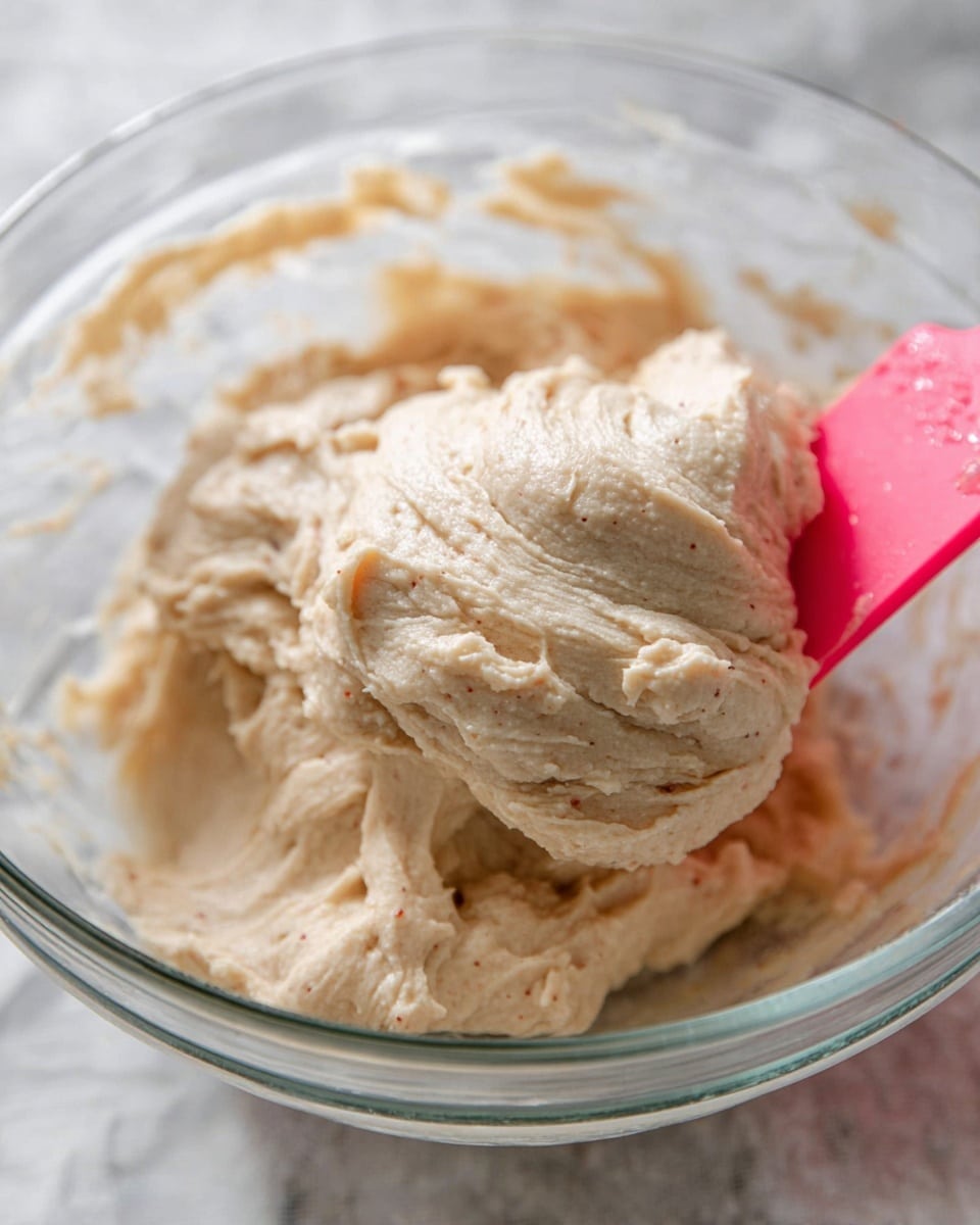 A clear glass bowl holds a thick, light brown dough with a smooth and slightly sticky texture, scooped up with a bright pink silicone spatula on the right side. The dough has small specks throughout and soft ridges showing where it has been folded and mixed. The bowl sits on a white marbled surface, and the background is softly blurred. The overall look is of fresh, unbaked dough ready for the next step. Photo taken with an iphone --ar 4:5 --v 7