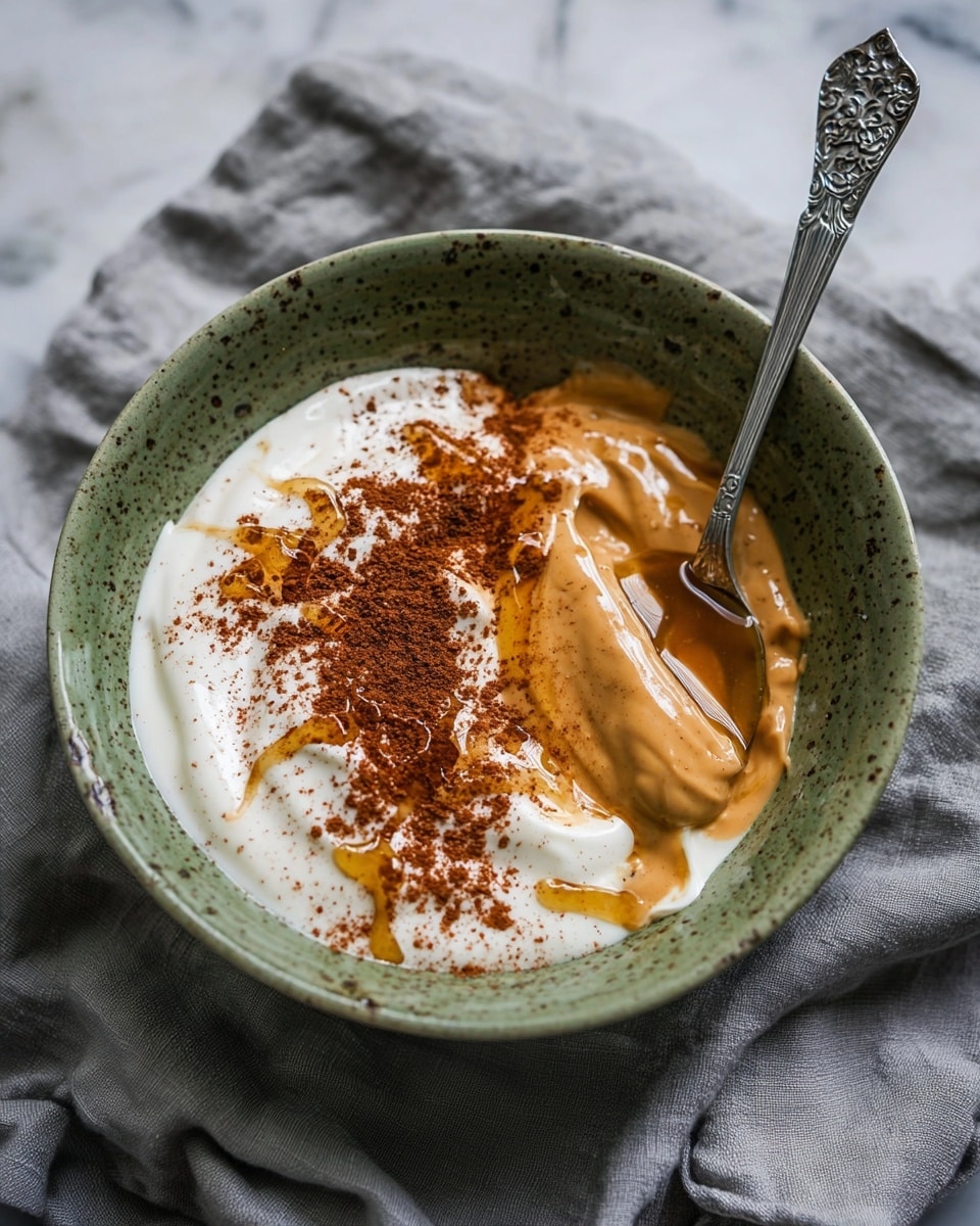 A speckled green bowl holds a creamy white yogurt layer topped with a light brown peanut butter layer on the right side, both having smooth and thick textures. There is a sprinkling of dark brown cinnamon powder spread mostly on the yogurt and slightly over the peanut butter. Some honey is drizzled over both layers in a thin, shiny stream. A detailed silver spoon rests in the bowl on the right side, partially in the peanut butter. The bowl sits on a softly wrinkled gray cloth, with a white marbled texture in the background. Photo taken with an iphone --ar 4:5 --v 7