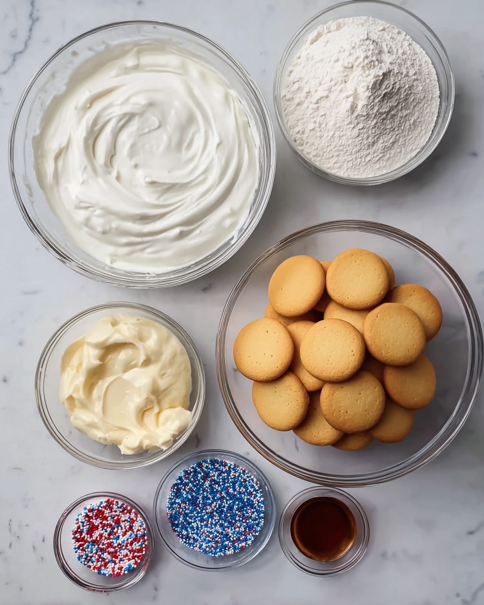 The image shows six clear glass bowls arranged over a white marbled surface. The top left bowl contains a thick, smooth white cream with swirls. To the right, a larger bowl is filled with fine white powder. Below that, a large bowl holds many round, golden-yellow cookies, some stacked and some overlapping. On the bottom left, a smaller bowl has a creamy pale yellow substance with a soft texture. Above it, a small bowl contains red, blue, and white sprinkle decorations. Near the center of the image is a tiny bowl with a small amount of dark brown liquid. The bowls are evenly spaced and neatly presented. Photo taken with an iphone --ar 4:5 --v 7