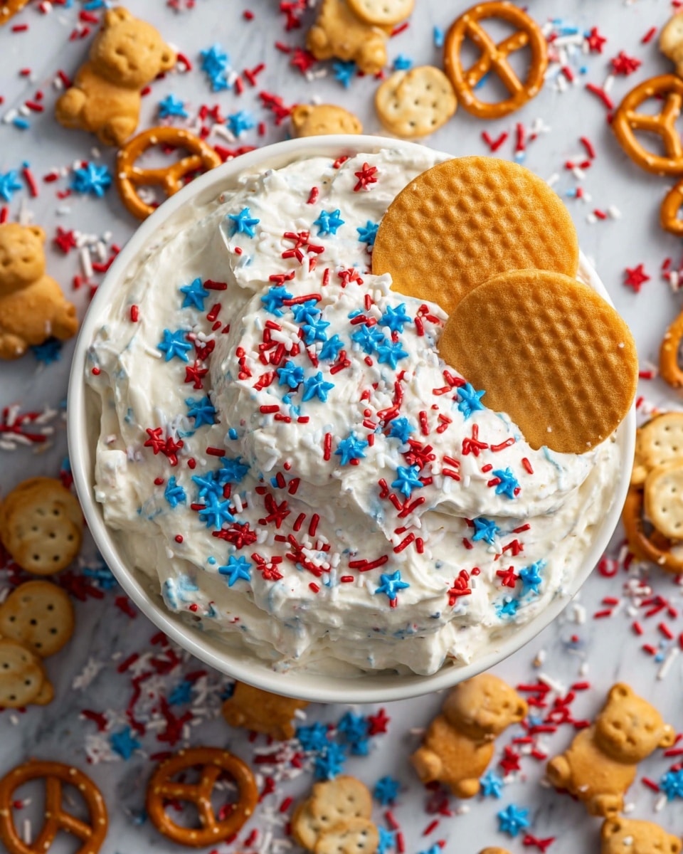 A white bowl is filled with a thick, creamy white dip covered with red, white, and blue star and stick-shaped sprinkles. On the top right side of the dip, two round, light brown waffle cookies are placed, slightly overlapping each other. Around the bowl, there are many cookie shapes scattered on a white marbled surface, including round golden vanilla wafers, pretzels, and small teddy bear cookies, all mixed with some red, white, and blue sprinkles. The image is bright and colorful. photo taken with an iphone --ar 4:5 --v 7