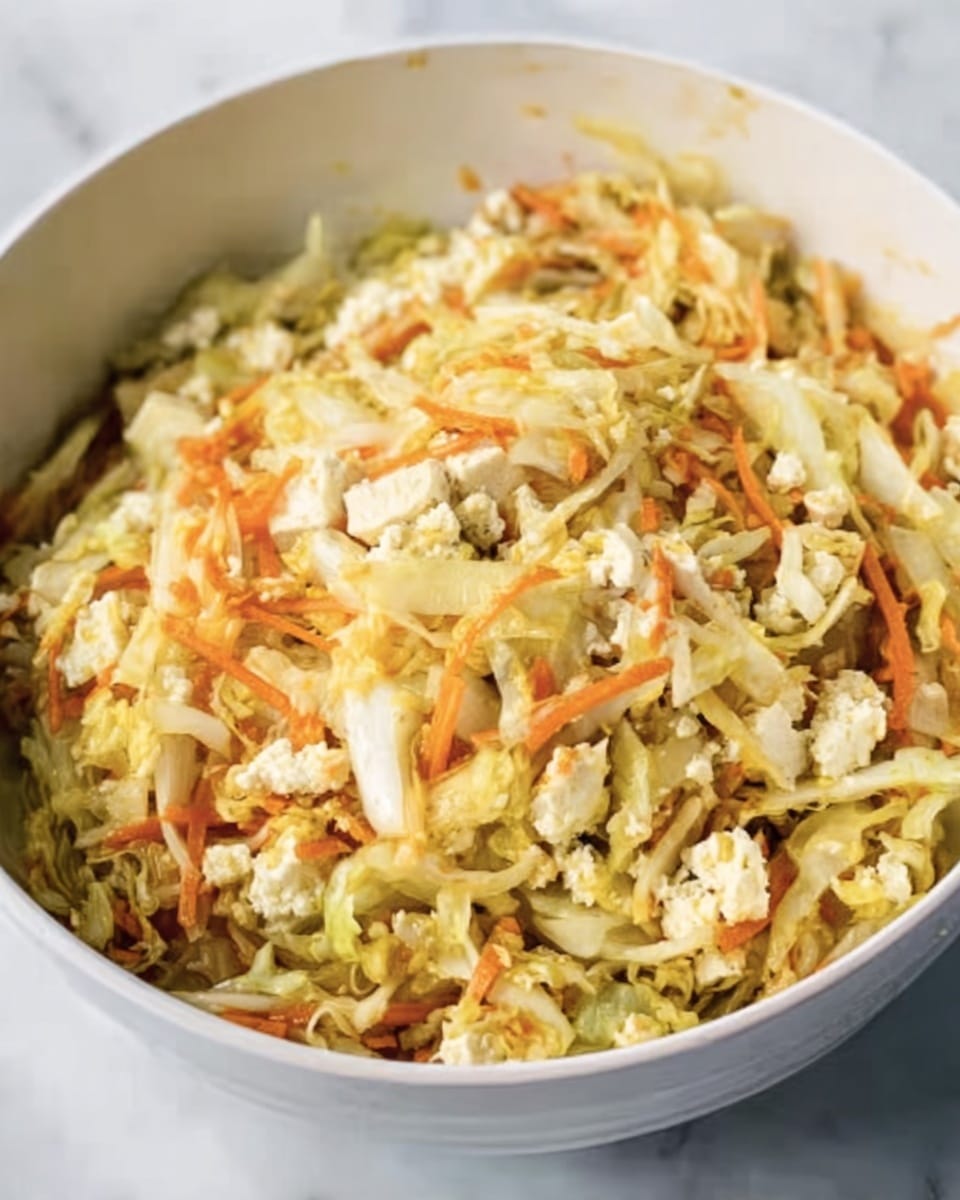 The image shows a close-up of a white bowl filled with a mix of shredded vegetables and small pieces of tofu. The dish has several thin layers of lightly cooked cabbage and carrots with a soft texture, all mixed evenly with crumbled white tofu spread throughout. The colors are mainly light yellow, orange, and white, all blending together in a mild, fresh look. The bowl sits on a white marbled surface. photo taken with an iphone --ar 4:5 --v 7